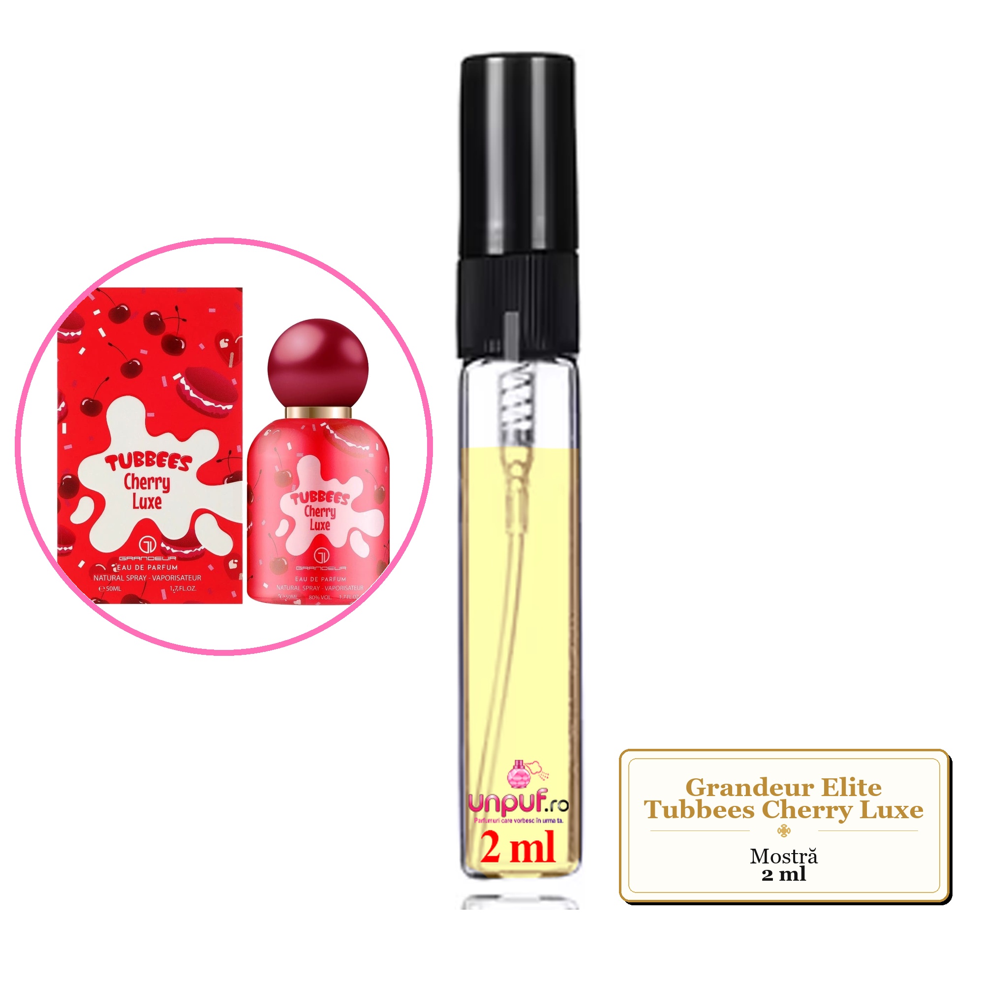 Mostra fiola din Parfumul Grandeur Elite Tubbees Cherry Luxe, decant sticla cu pulverizator 