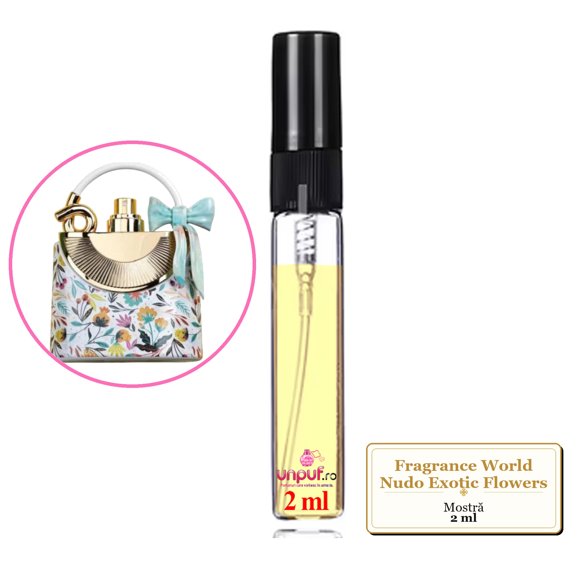 Mostra fiola din Parfumul Fragrance World Nudo Exotic Flowers, decant sticla cu pulverizator 