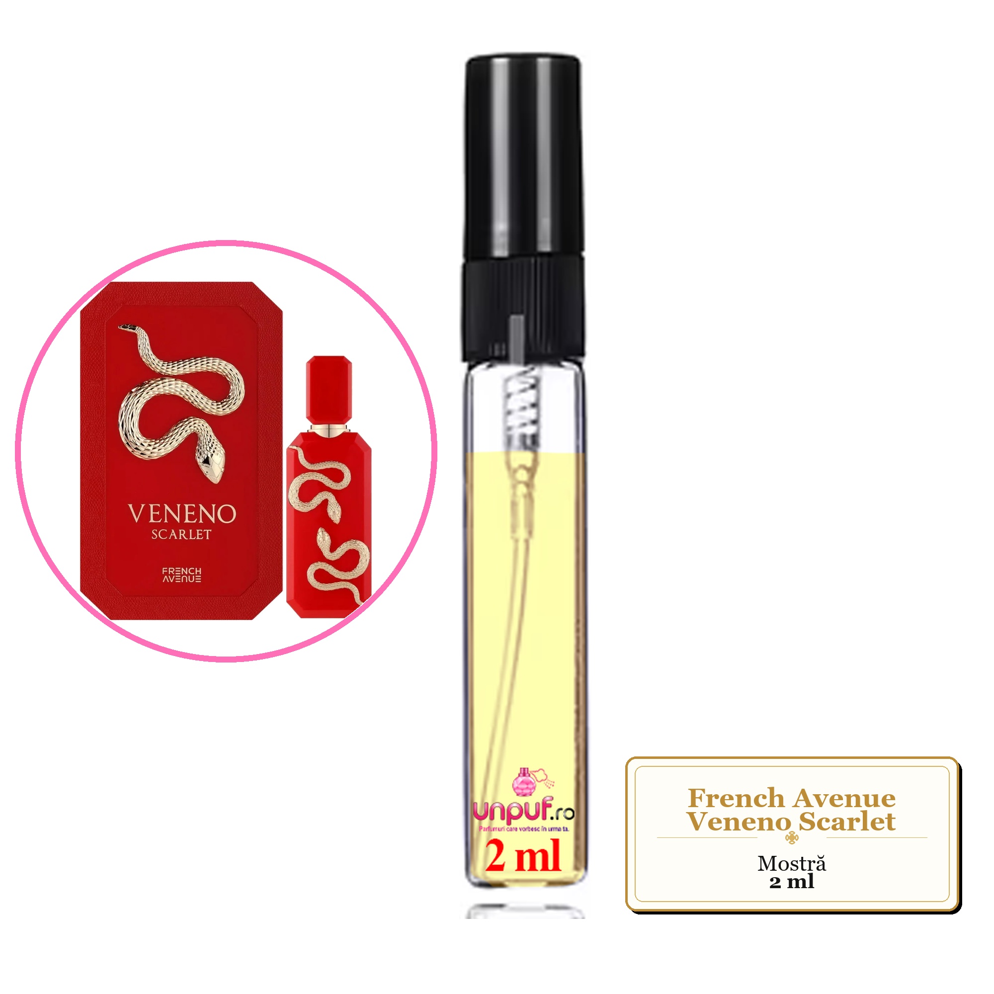 Mostra fiola din Parfumul French Avenue Veneno Scarlet, decant sticla cu pulverizator 