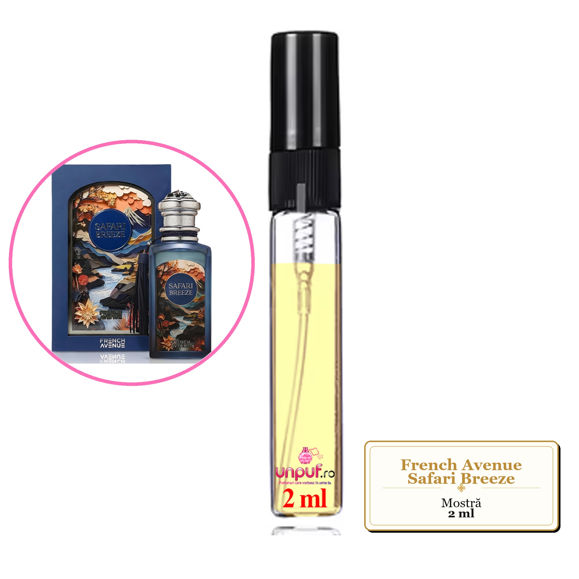 Mostra fiola din Parfumul French Avenue Safari Breeze, decant sticla cu pulverizator 