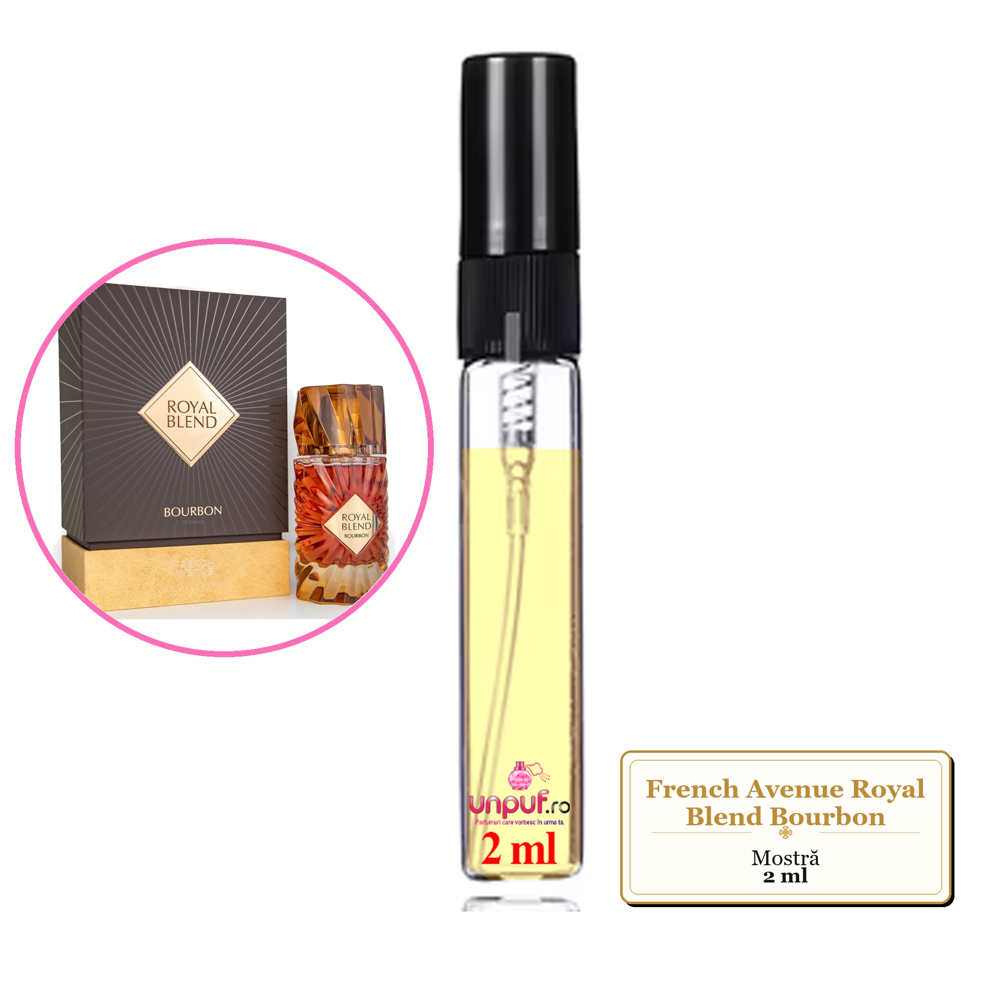 Mostra fiola din Parfumul French Avenue Royal Blend Bourbon, decant sticla cu pulverizator 
