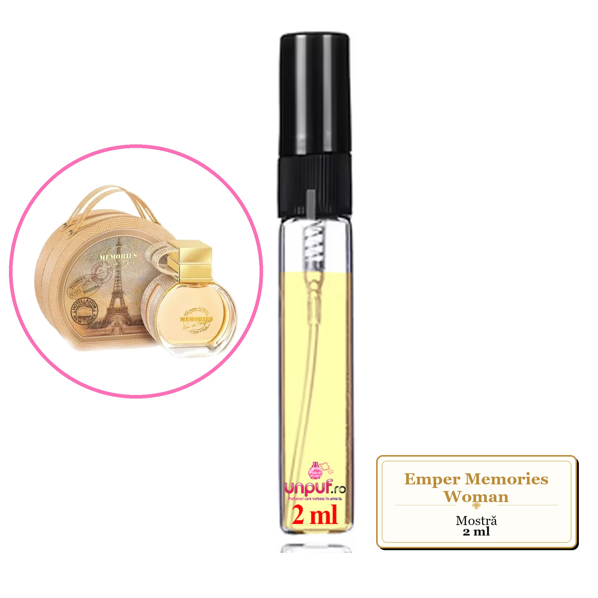 Mostra fiola din Parfumul Emper Memories Woman, decant sticla cu pulverizator 