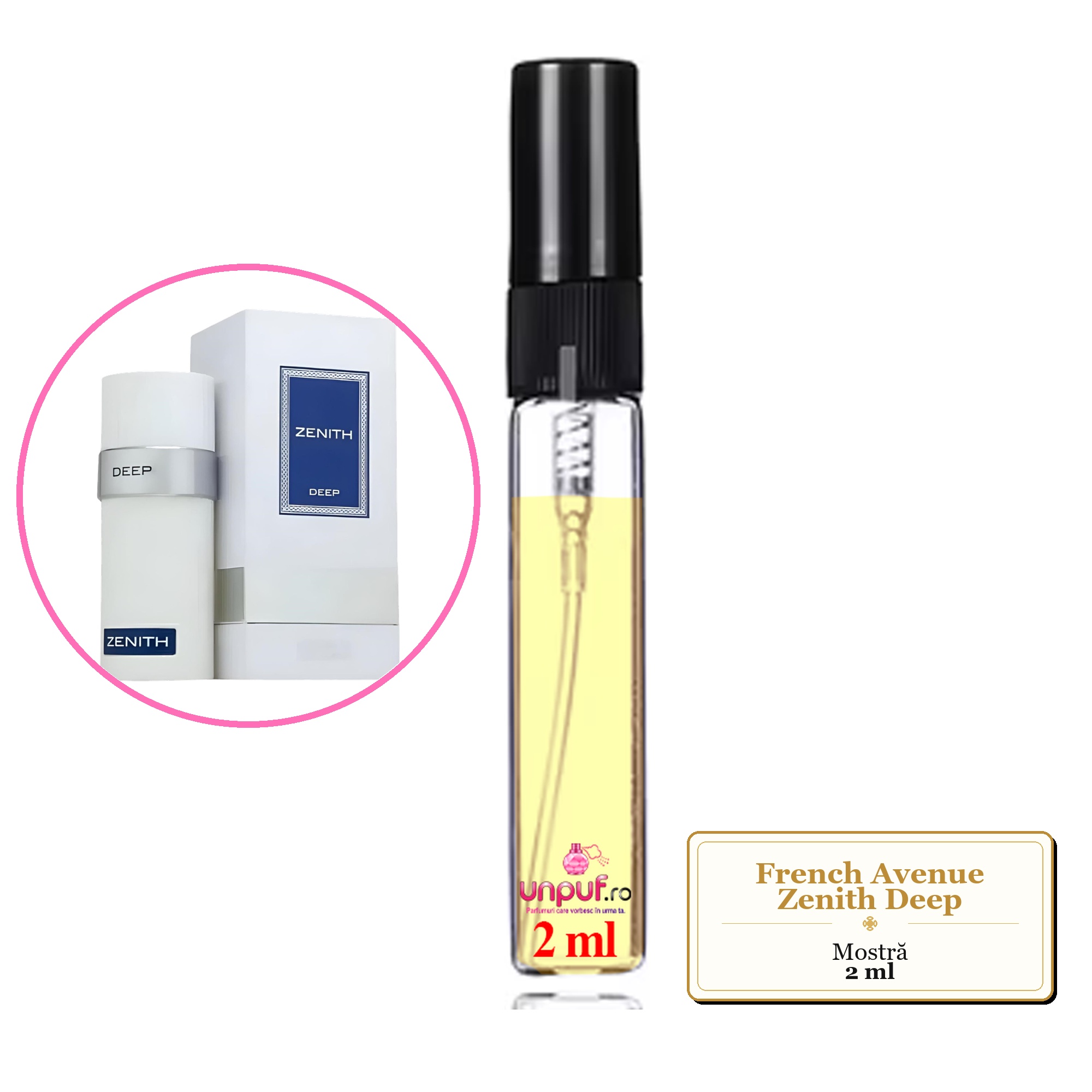 Mostra fiola din Parfumul French Avenue Zenith Deep, decant sticla cu pulverizator 