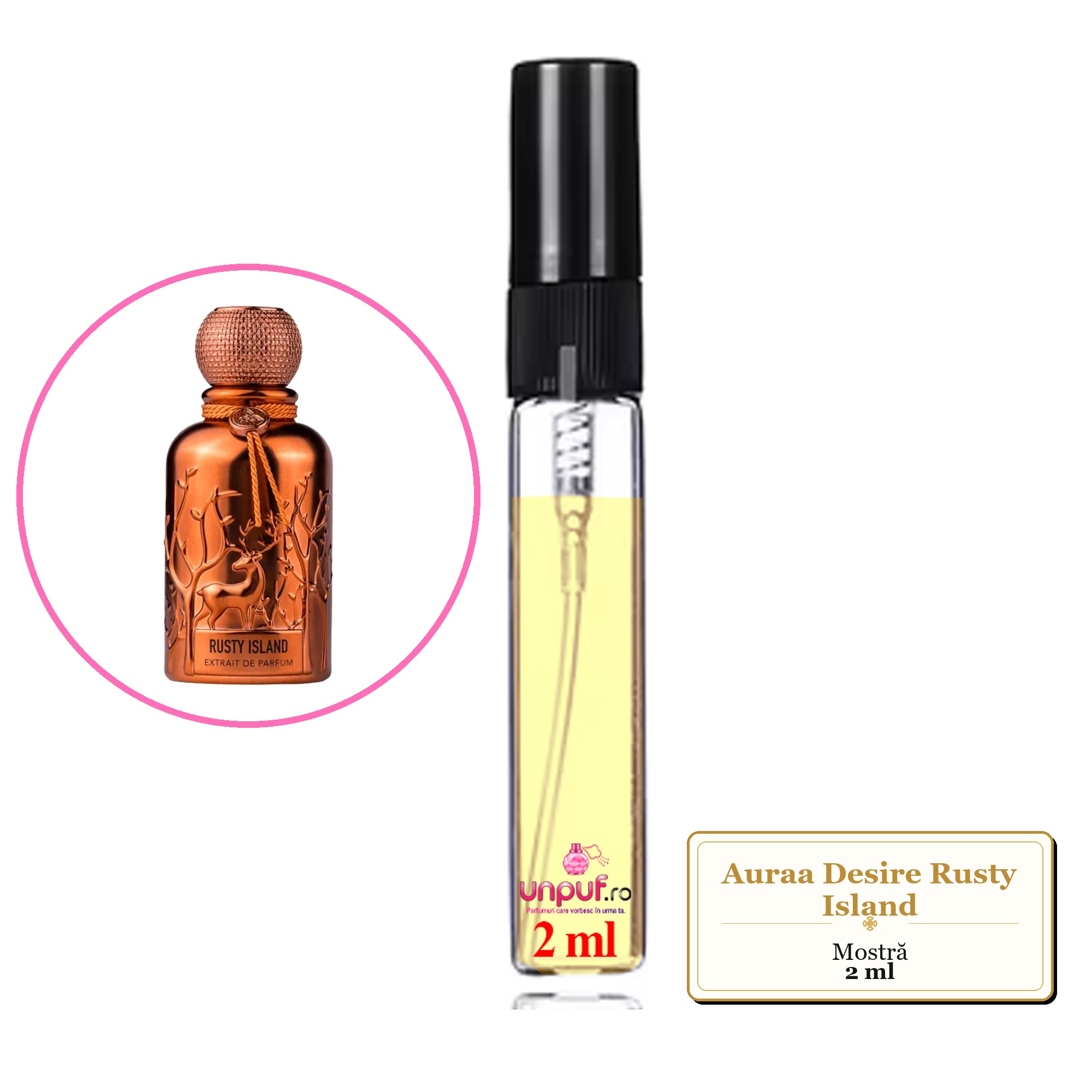 Mostra fiola din Parfumul Auraa Desire Rusty Island, decant sticla cu pulverizator