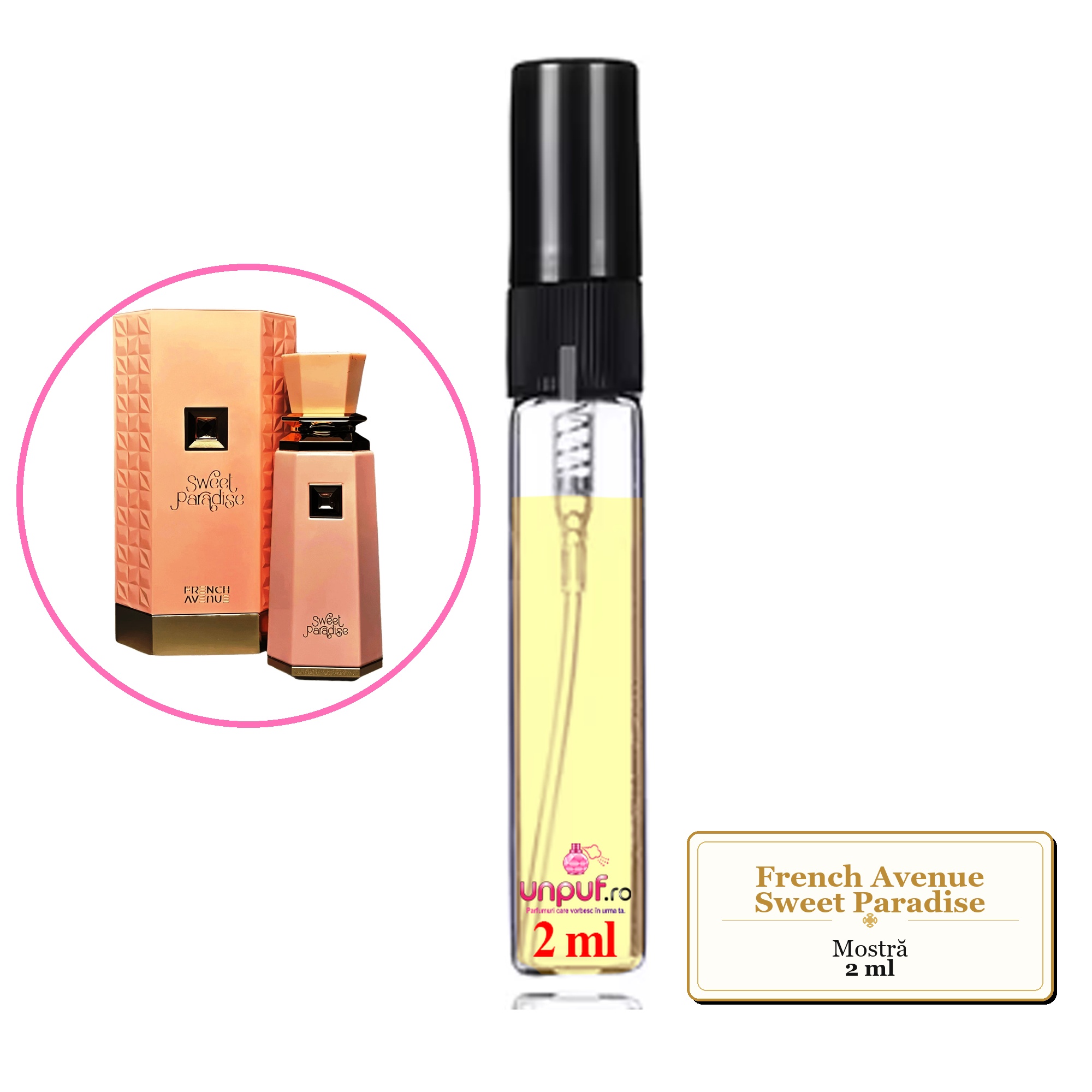 Mostra fiola din Parfumul French Avenue Sweet Paradise, decant sticla cu pulverizator 