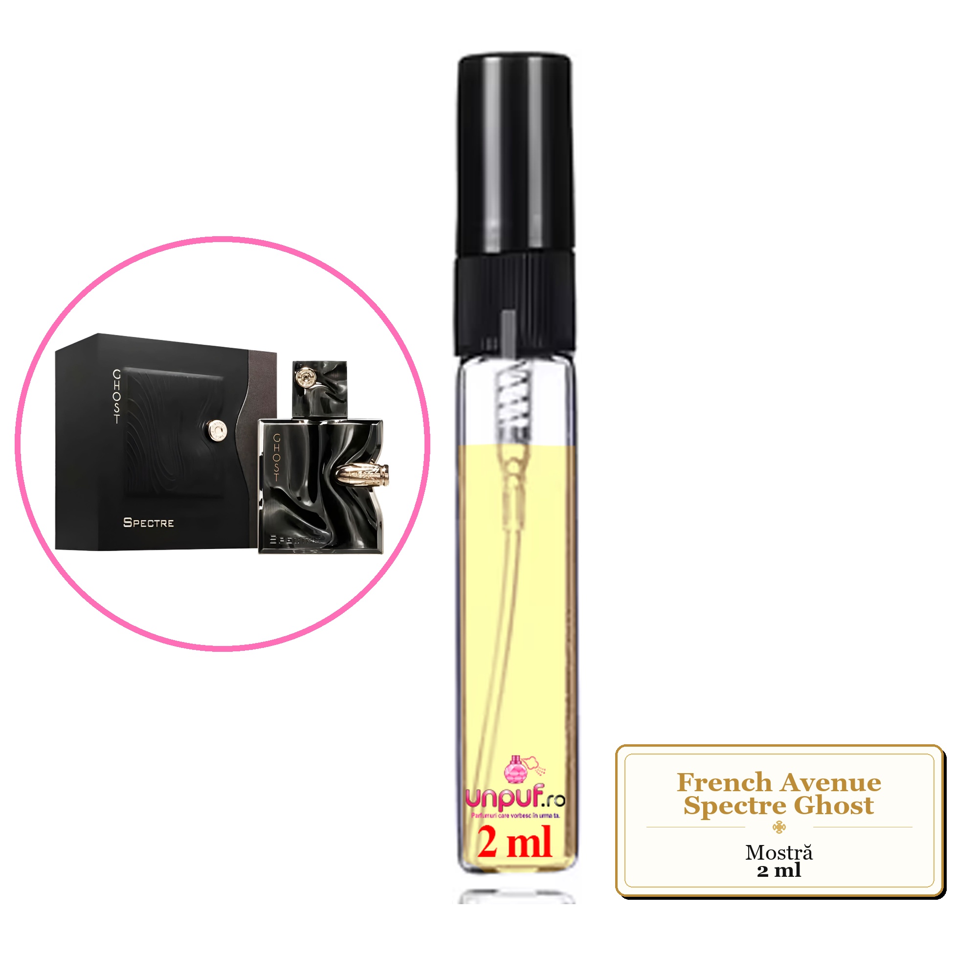 Mostra fiola din Parfumul French Avenue Spectre Ghost, decant sticla cu pulverizator 