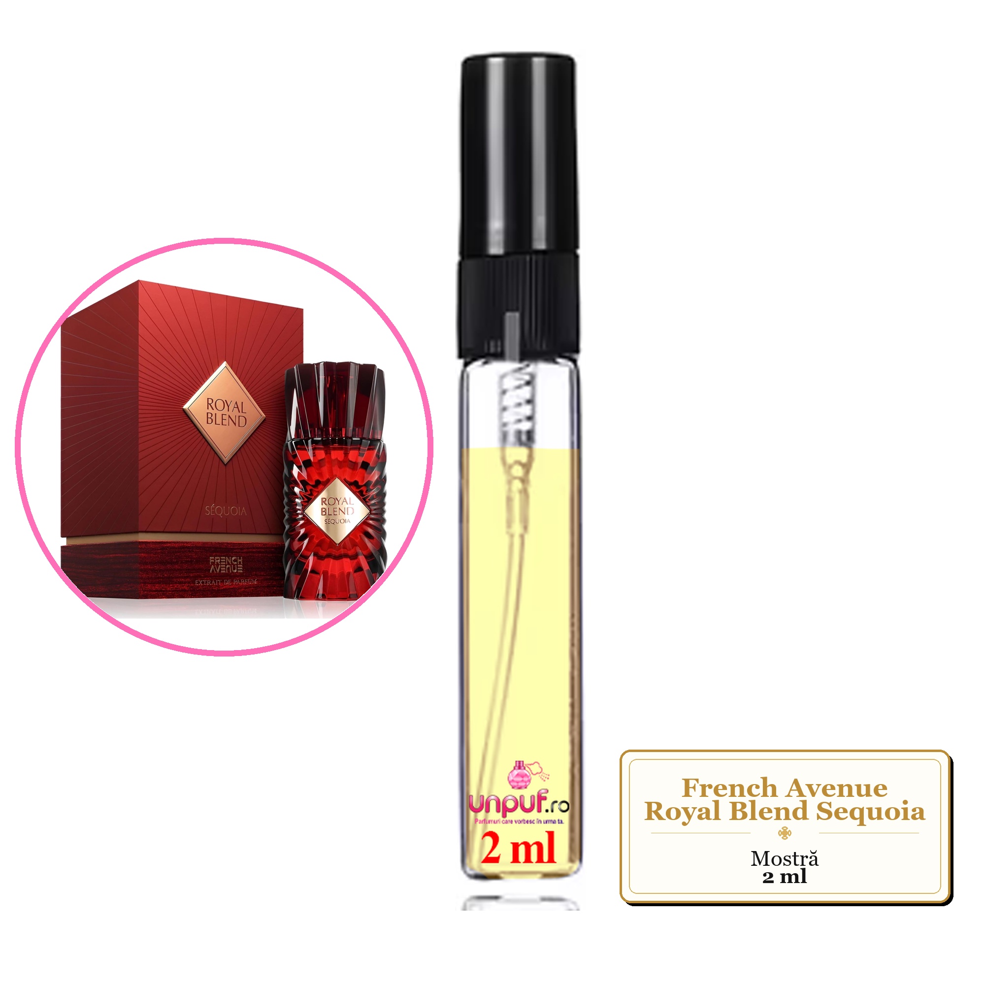 Mostra fiola din Parfumul French Avenue Royal Blend Sequoia, decant sticla cu pulverizator