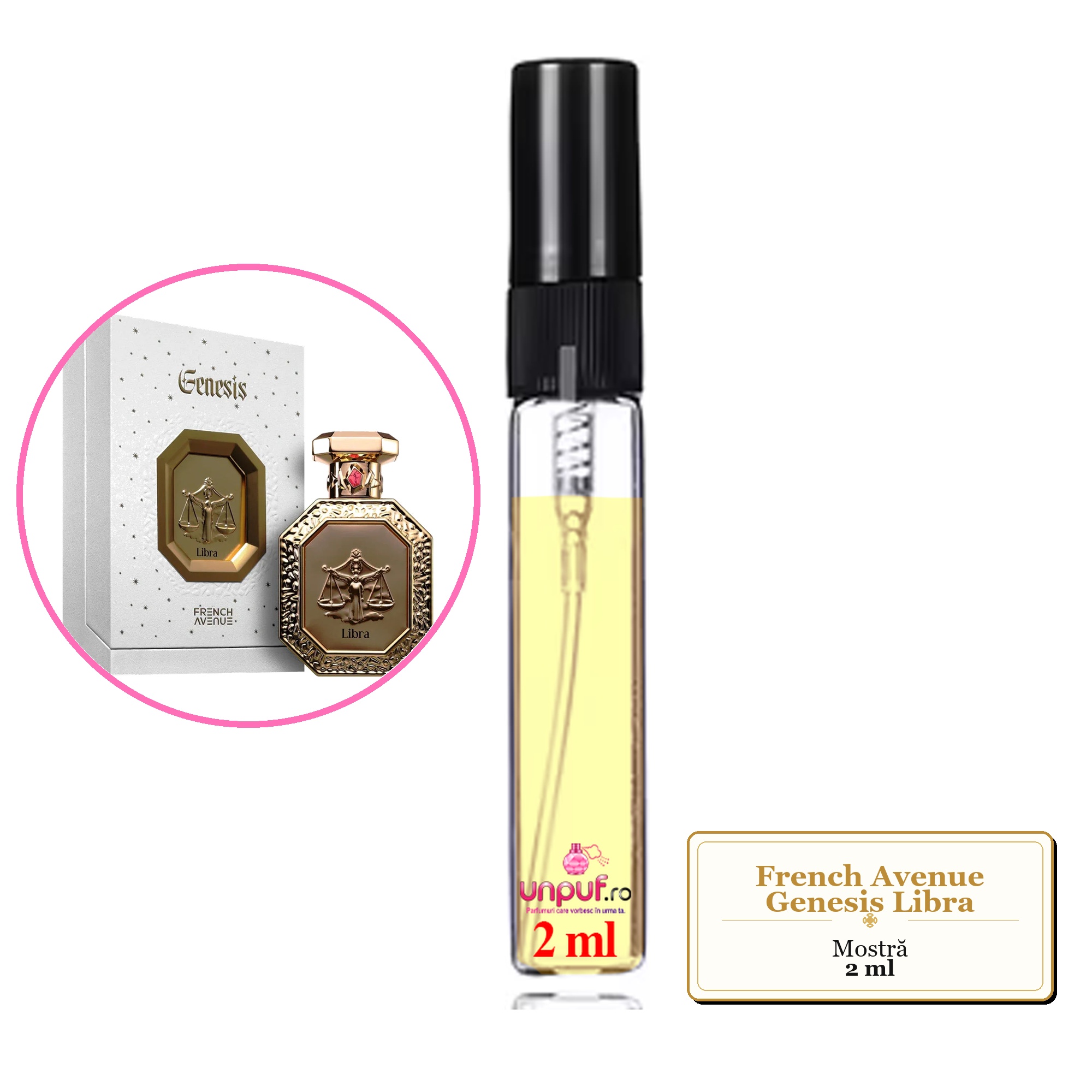 Mostra fiola din Parfumul French Avenue Genesis Libra, decant sticla cu pulverizator 