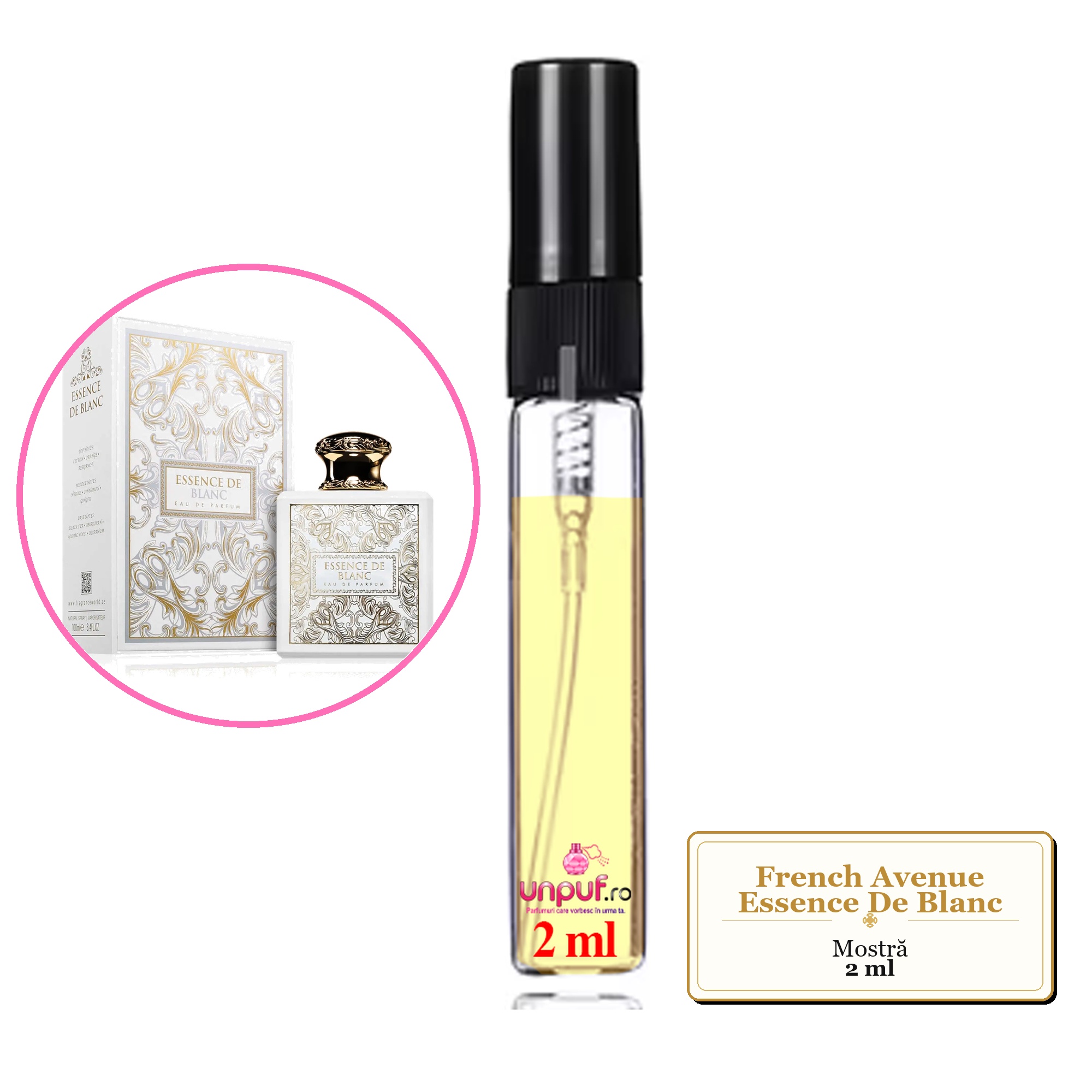 Mostra fiola din Parfumul French Avenue Essence De Blanc, decant sticla cu pulverizator 