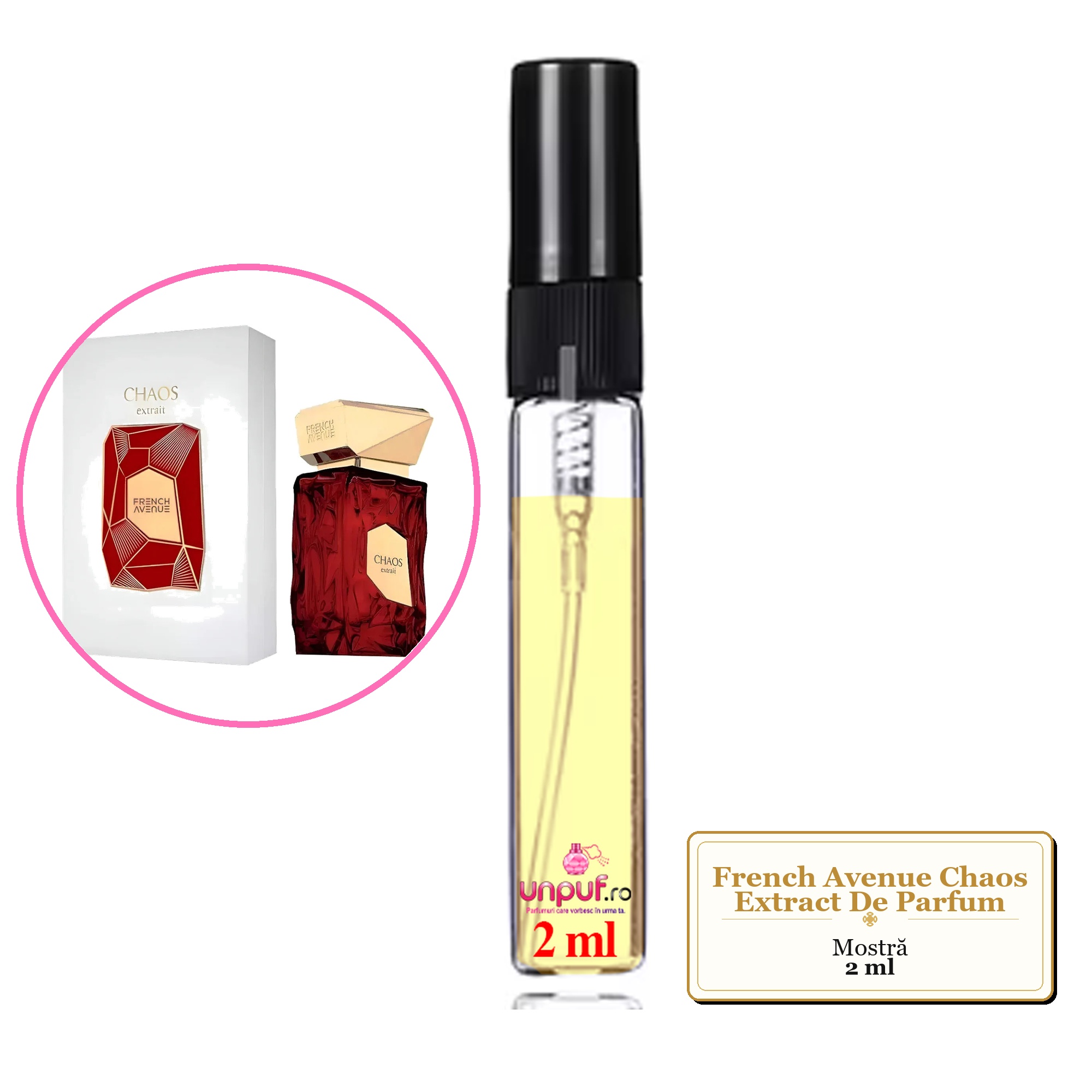 Mostra fiola din Parfumul French Avenue Chaos Extract De Parfum, decant sticla cu pulverizator 