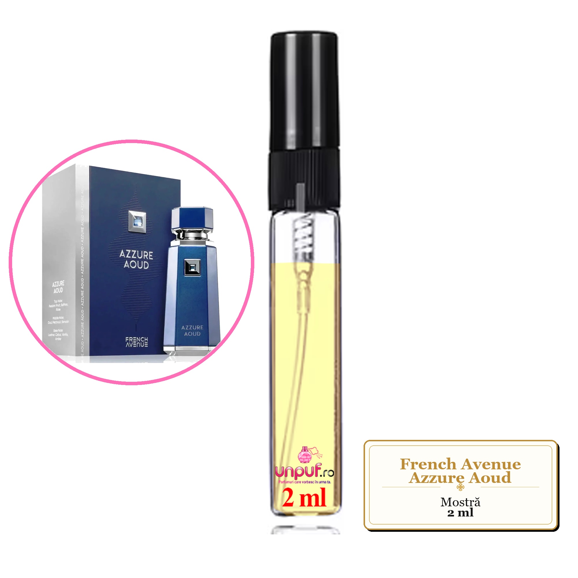 Mostra fiola din Parfumul French Avenue Azzure Aoud, decant sticla cu pulverizator