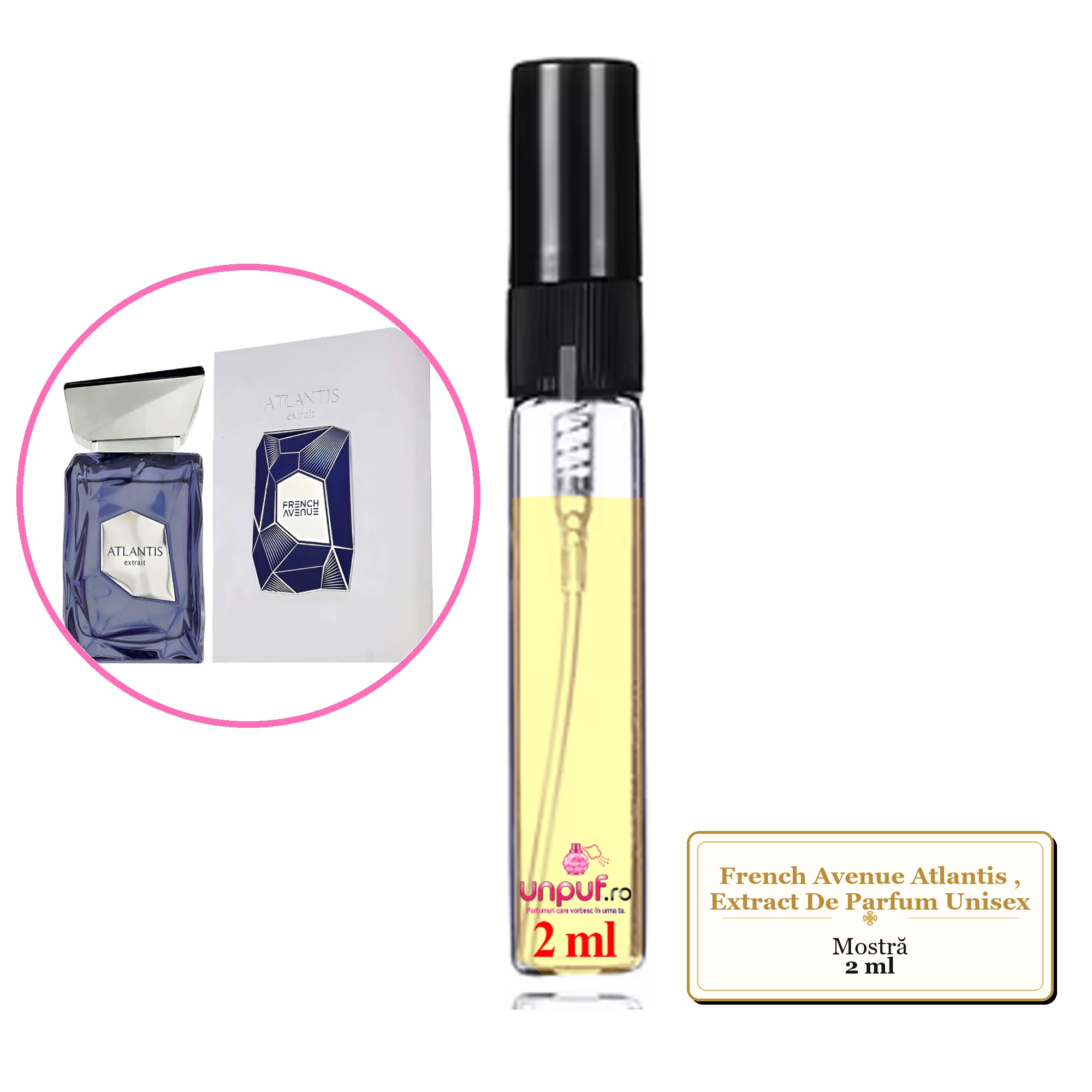 Mostra fiola din Parfumul French Avenue Atlantis, Extract De Parfum Unisex, decant sticla cu pulverizator 