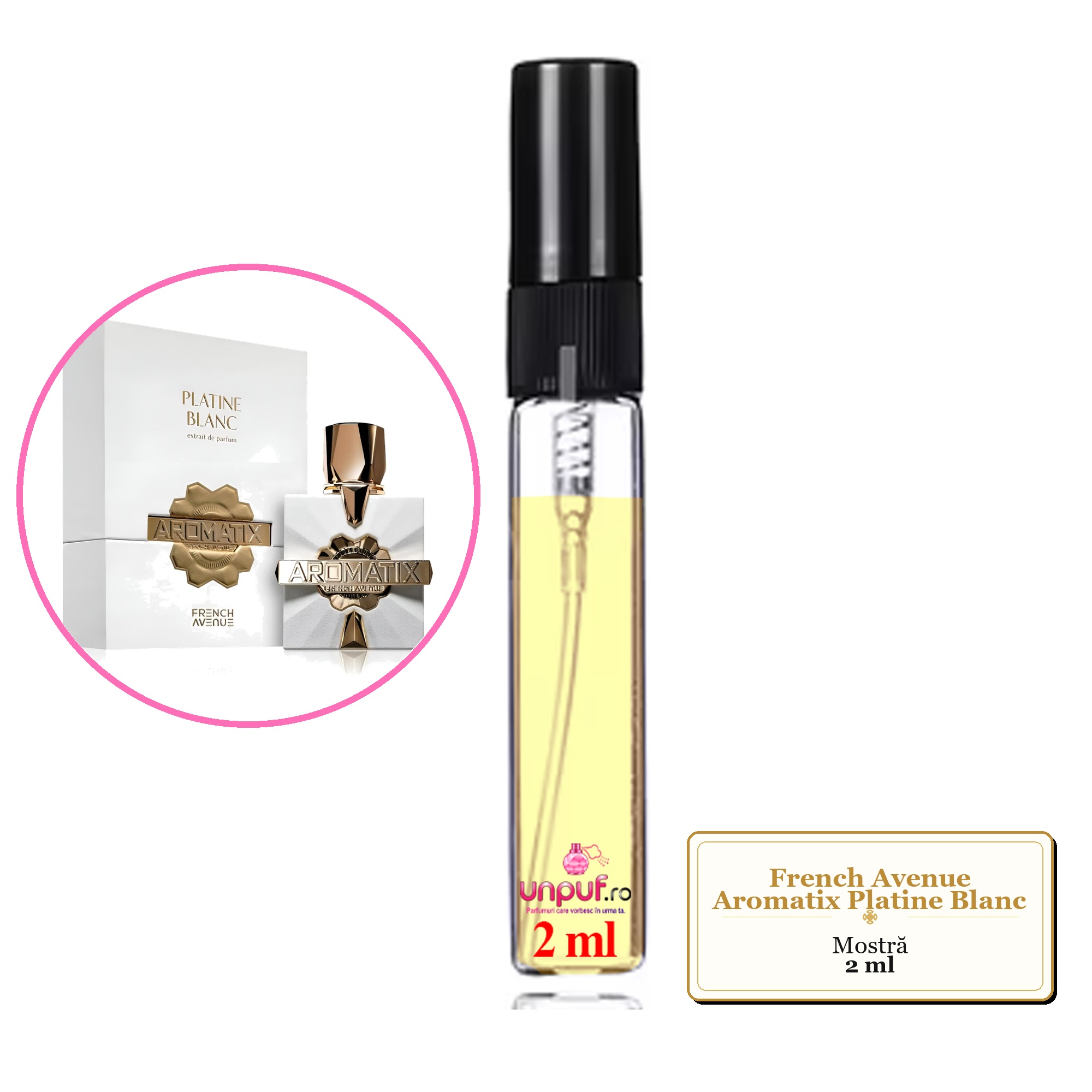 Mostra fiola din Parfumul French Avenue Aromatix Platine Blanc, decant sticla cu pulverizator 