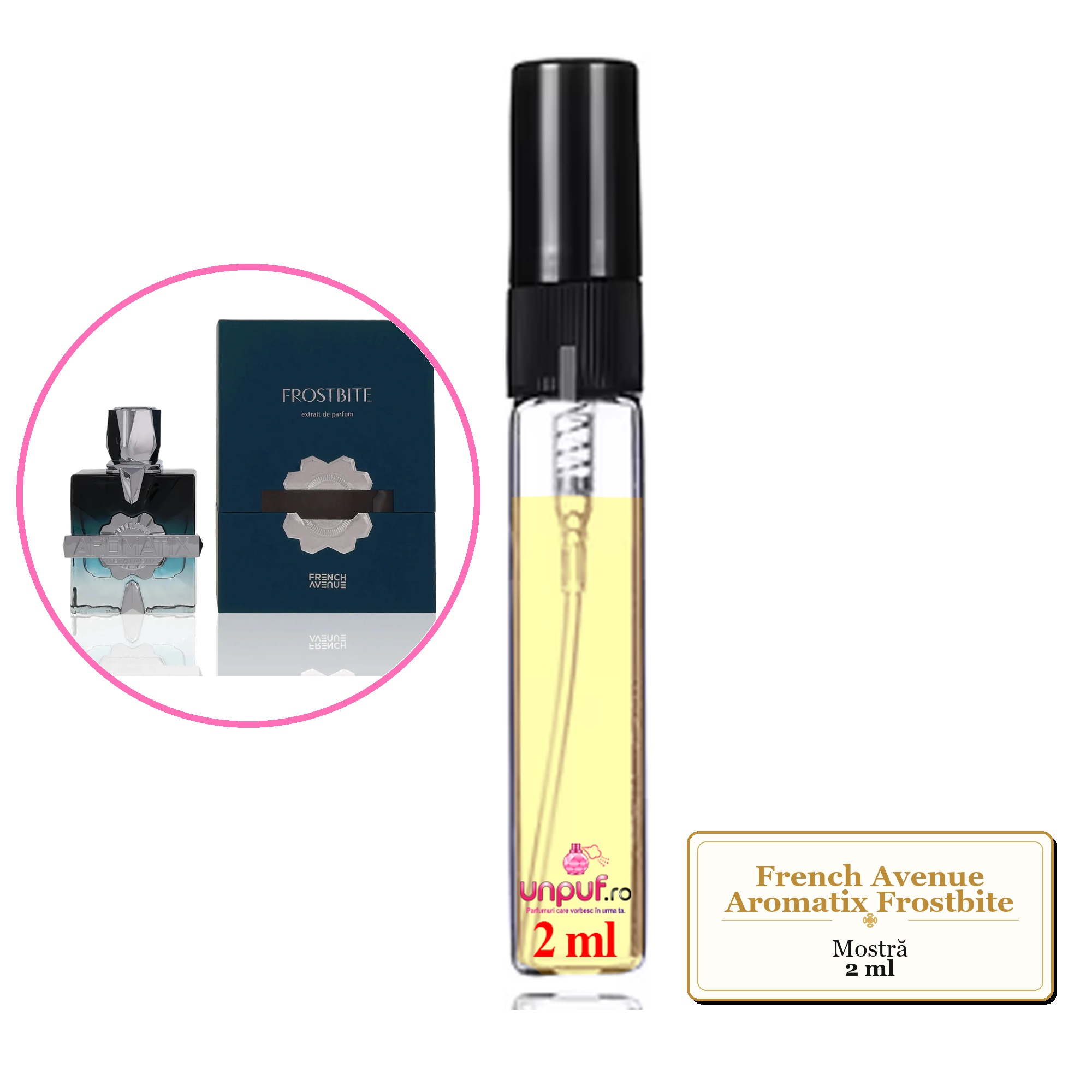 Mostra fiola din Parfumul French Avenue Aromatix Frostbite, decant sticla cu pulverizator 