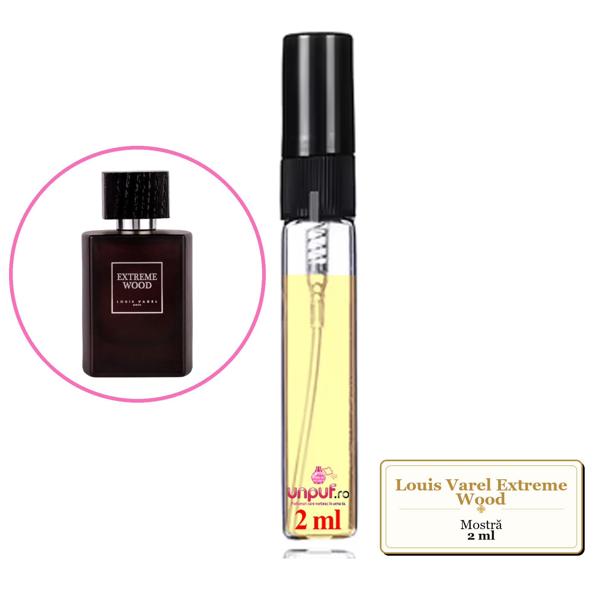 Mostra fiola din Parfumul Louis Varel Extreme Wood, decant sticla cu pulverizator 