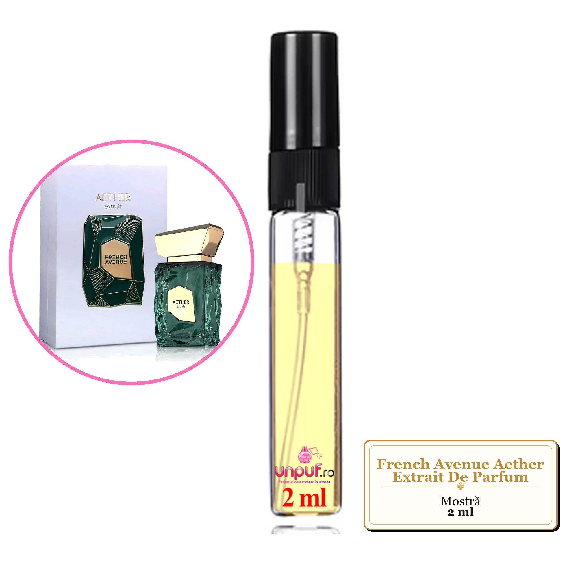 Mostra fiola din Parfumul French Avenue Aether Extrait De Parfum, decant sticla cu pulverizator