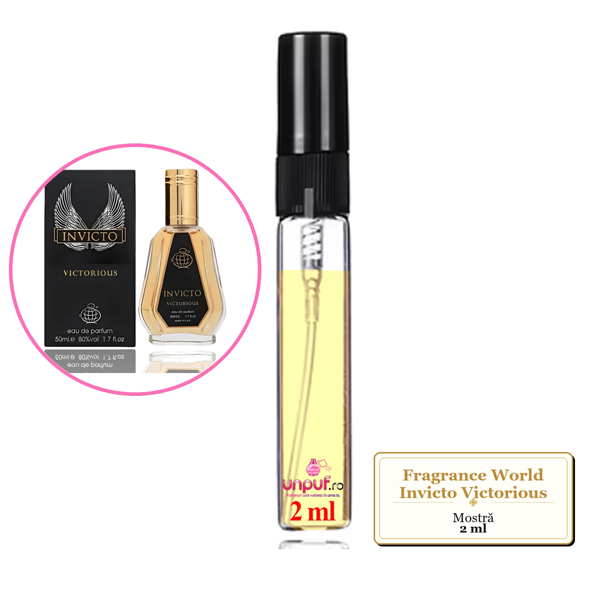 Mostra fiola din Parfumul Fragrance World Invicto Victorious, decant sticla cu pulverizator
