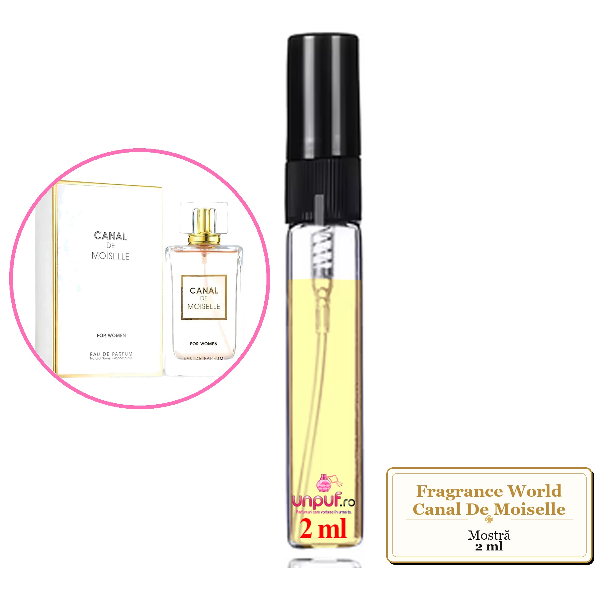 Mostra fiola din Parfumul Fragrance World Canal De Moiselle, decant sticla cu pulverizator 