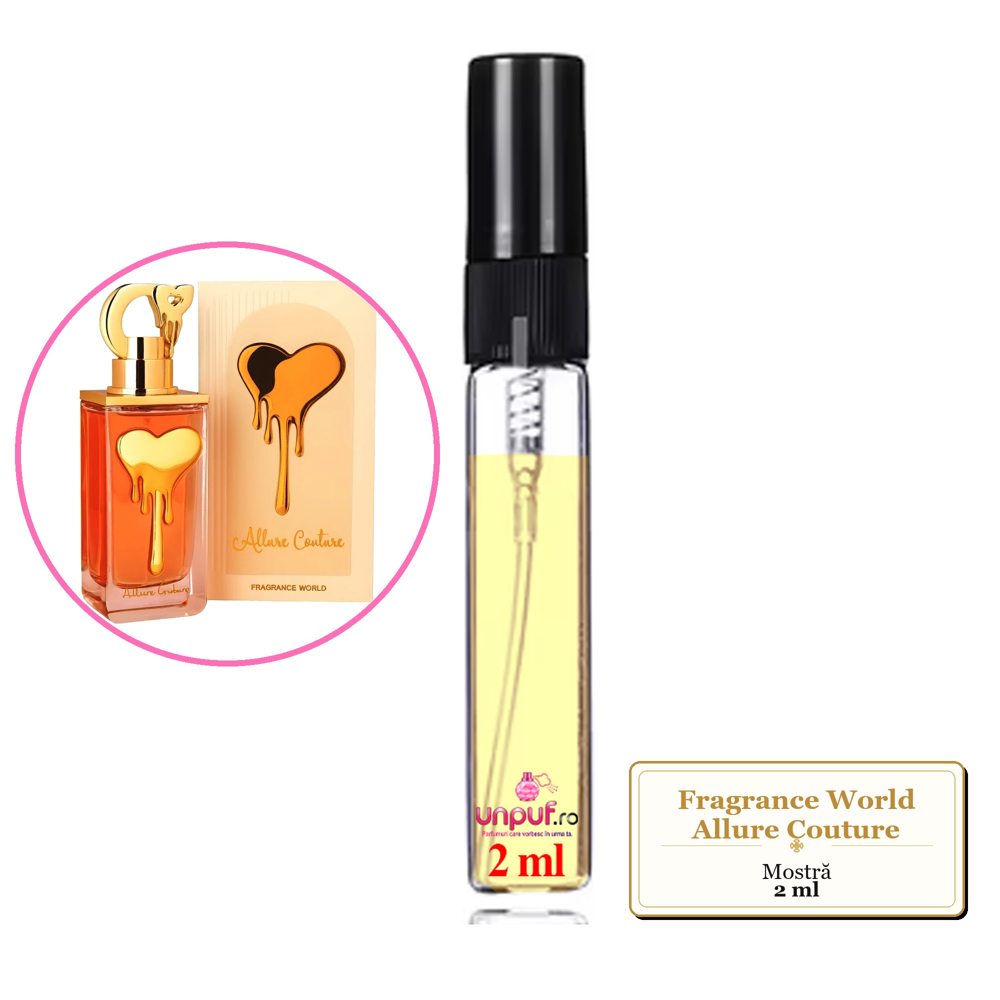 Mostra fiola din Parfumul Fragrance World Allure Couture, decant sticla cu pulverizator 