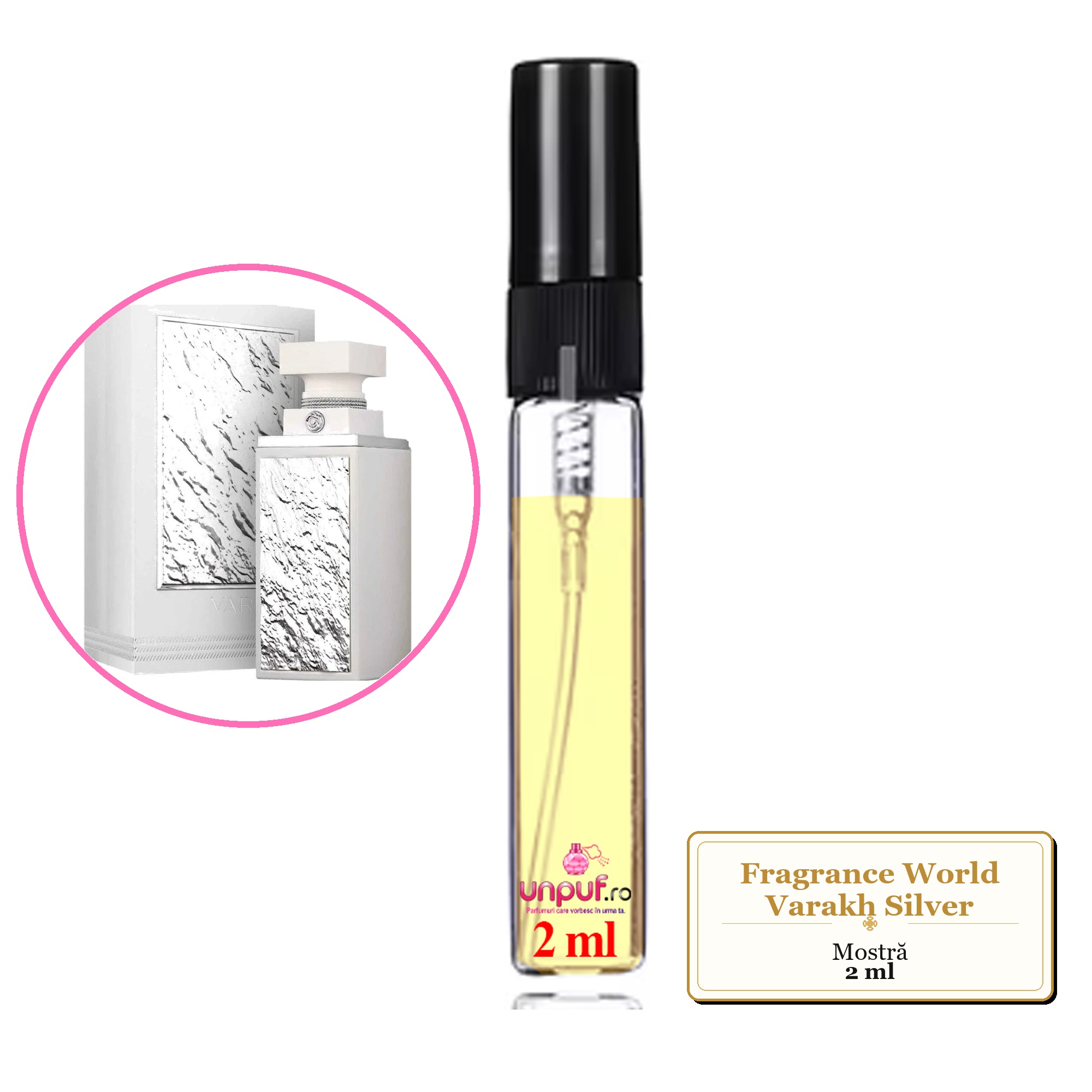 Mostra fiola din Parfumul Fragrance World Varakh Silver, decant sticla cu pulverizator 