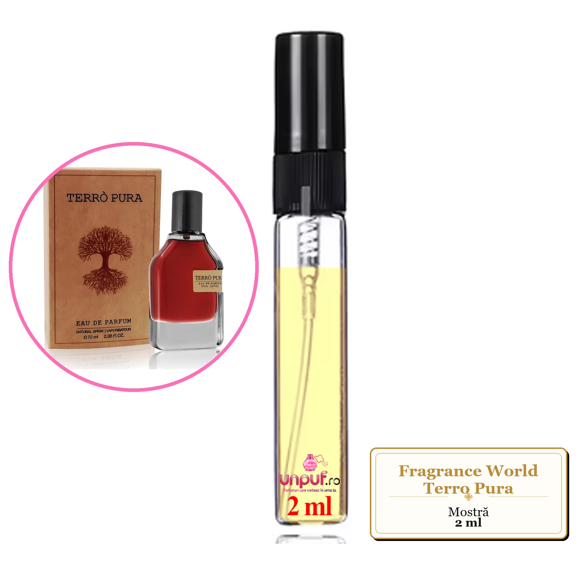 Mostra fiola din Parfumul Fragrance World Terro Pura, decant sticla cu pulverizator 