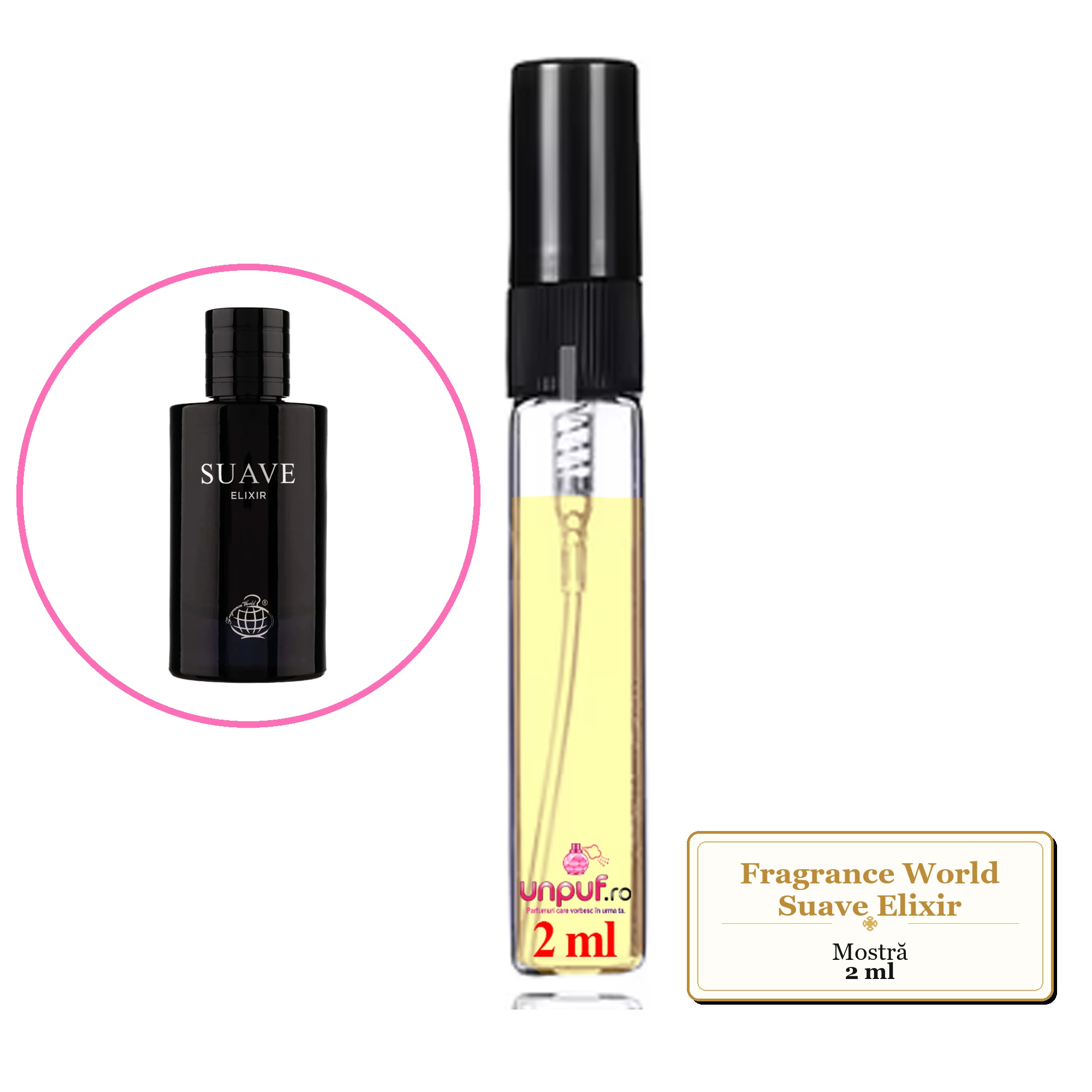 Mostra fiola din Parfumul Fragrance World Suave Elixir, decant sticla cu pulverizator 