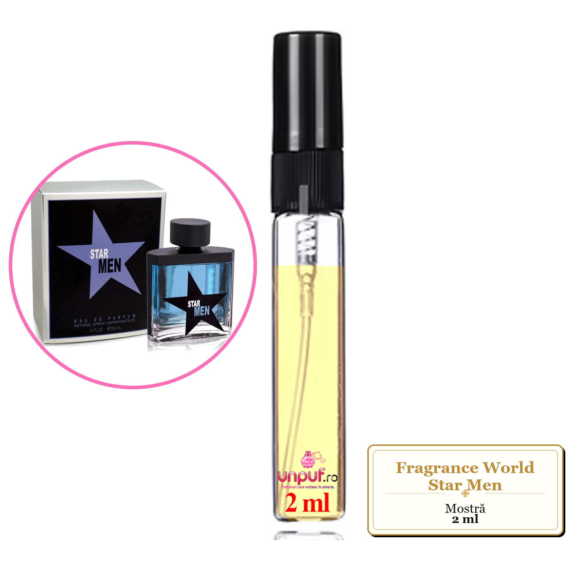 Mostra fiola din Parfumul Fragrance World Star Men, decant sticla cu pulverizator 