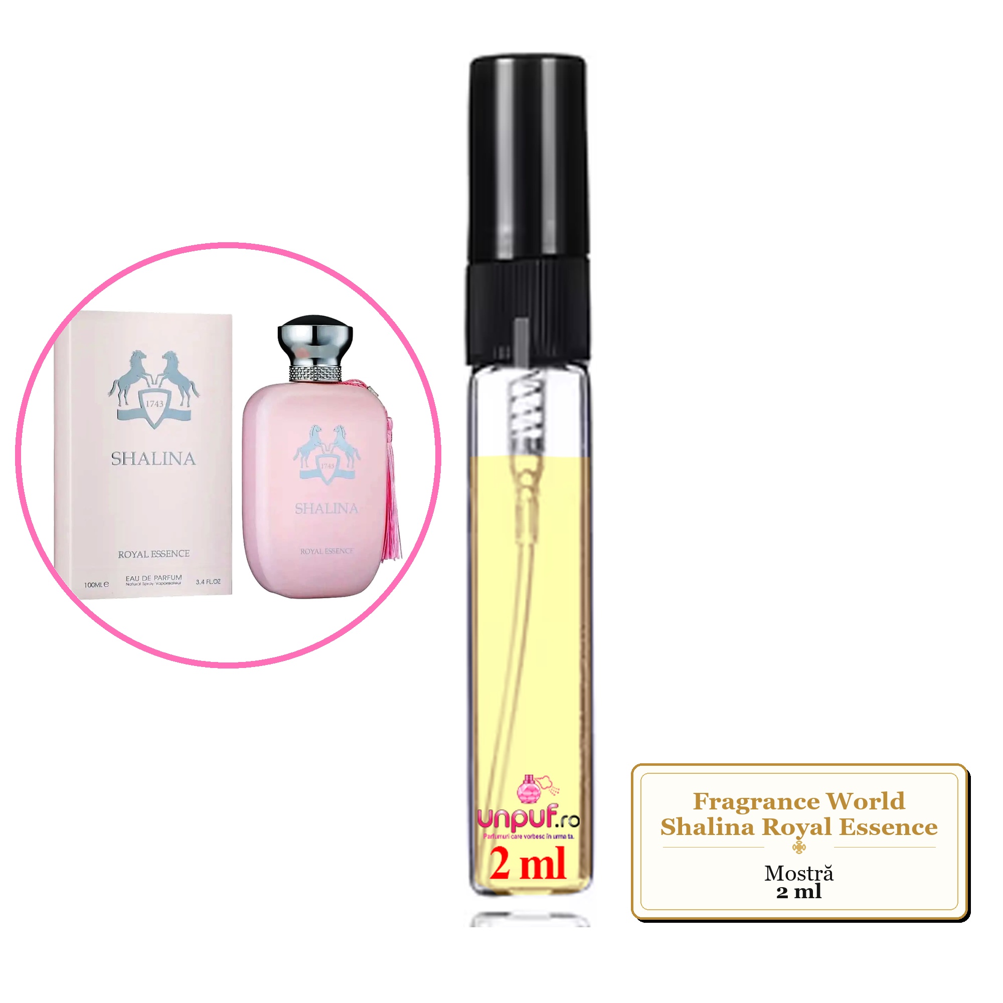 Mostra fiola din Parfumul Fragrance World Shalina Royal Essence, decant sticla cu pulverizator