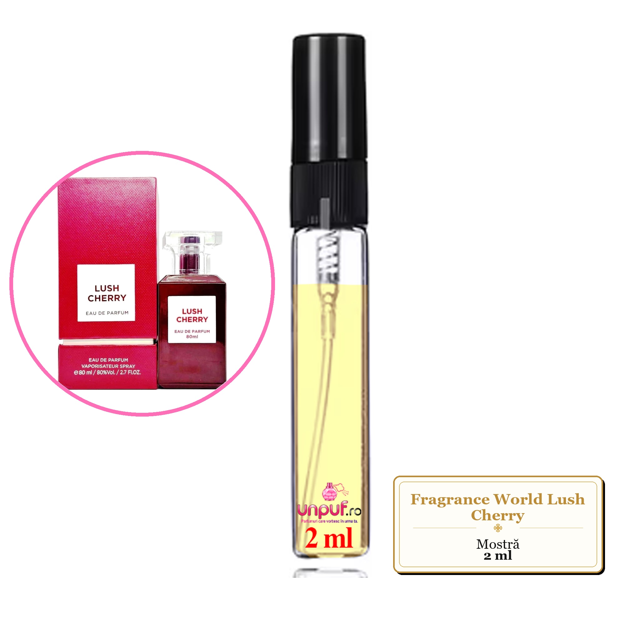 Mostra fiola din Parfumul Fragrance World Lush Cherry, decant sticla cu pulverizator 