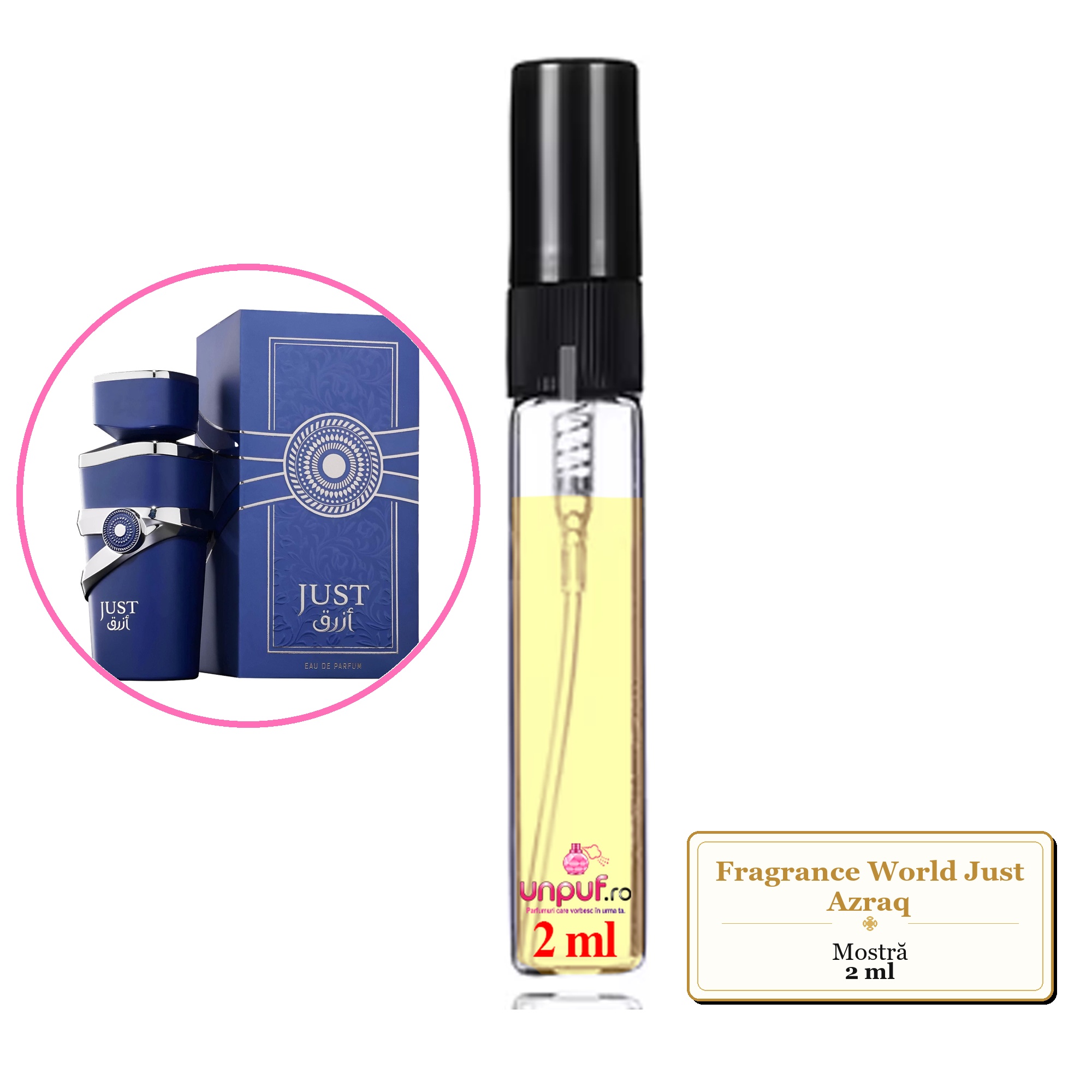 Mostra fiola din Parfumul Fragrance World Just Azraq, decant sticla cu pulverizator 