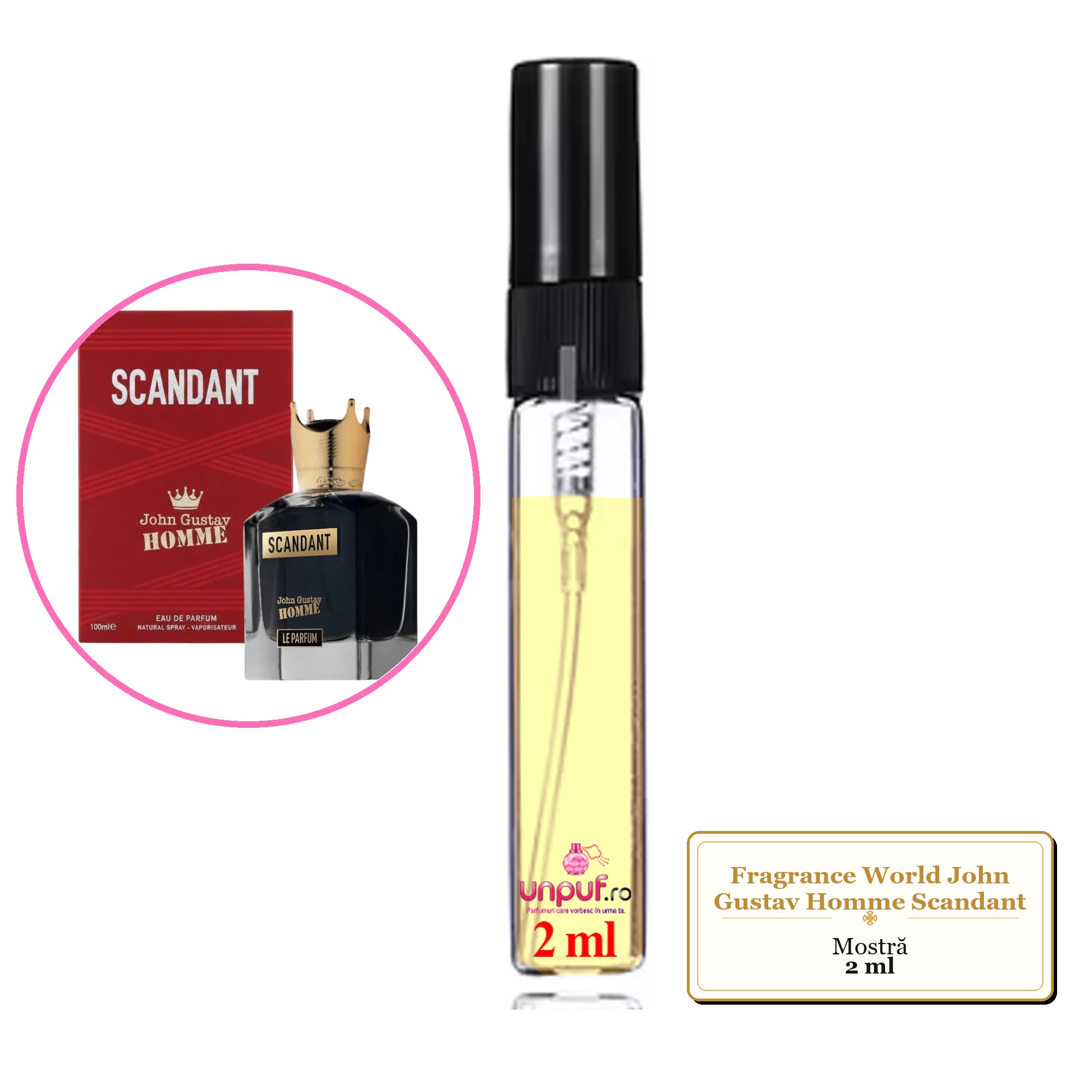 Mostra fiola din Parfumul Fragrance World John Gustav Homme Scandant, decant sticla cu pulverizator 