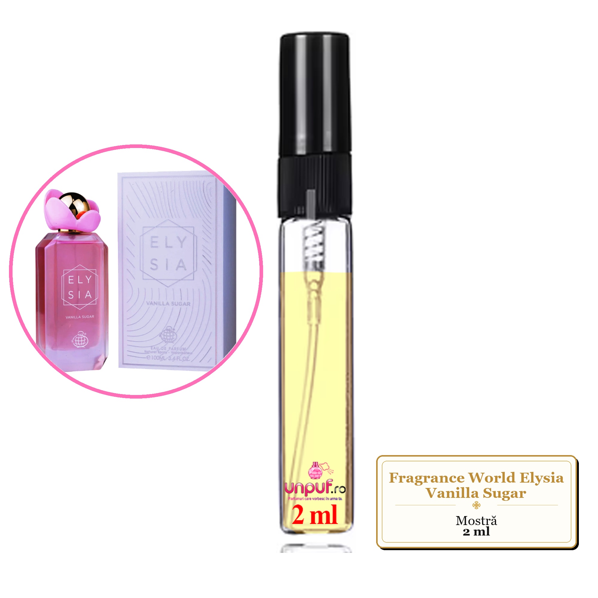 Mostra fiola din Parfumul Fragrance World Elysia Vanilla Sugar, decant sticla cu pulverizator