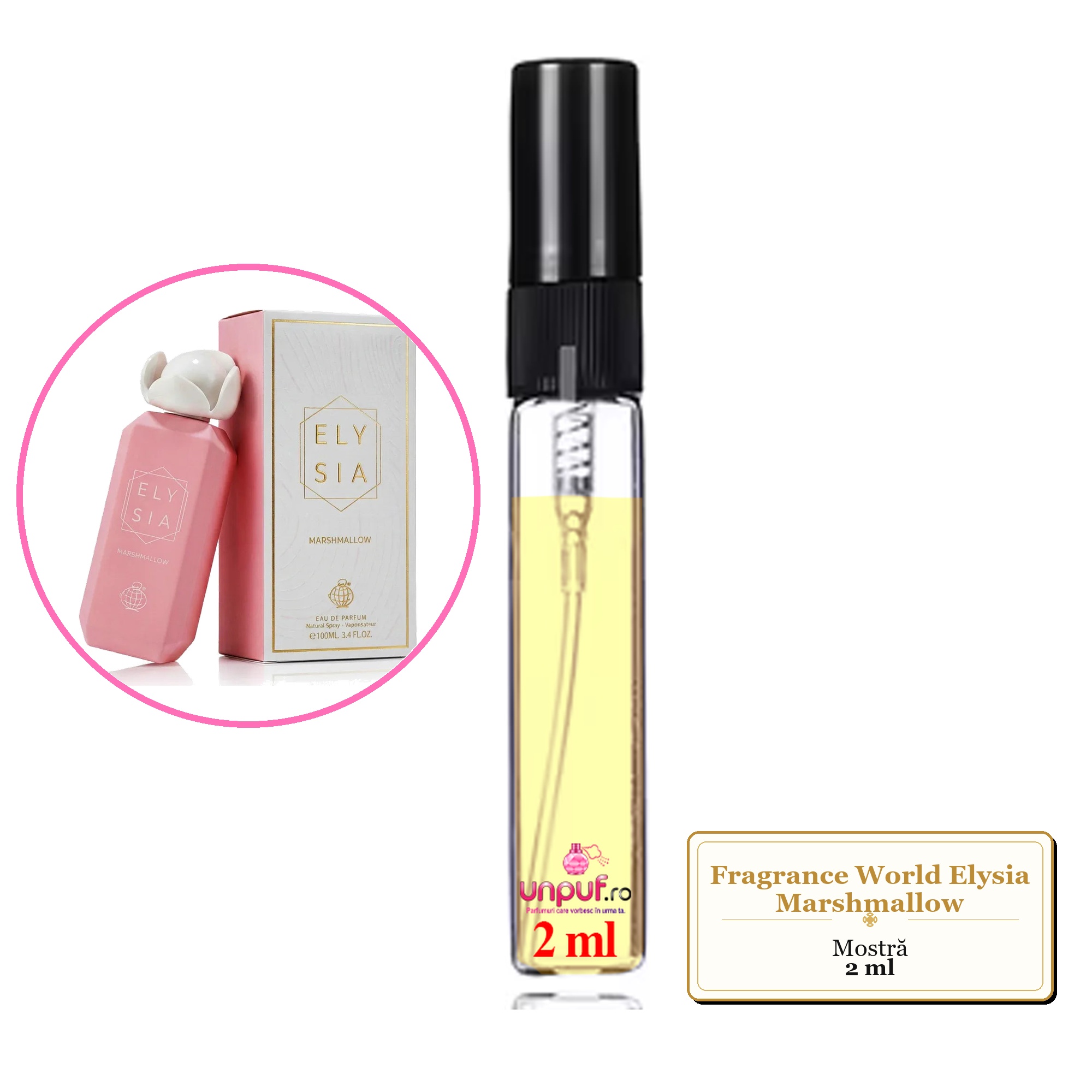 Mostra fiola din Parfumul Fragrance World Elysia Marshmallow, decant sticla cu pulverizator 