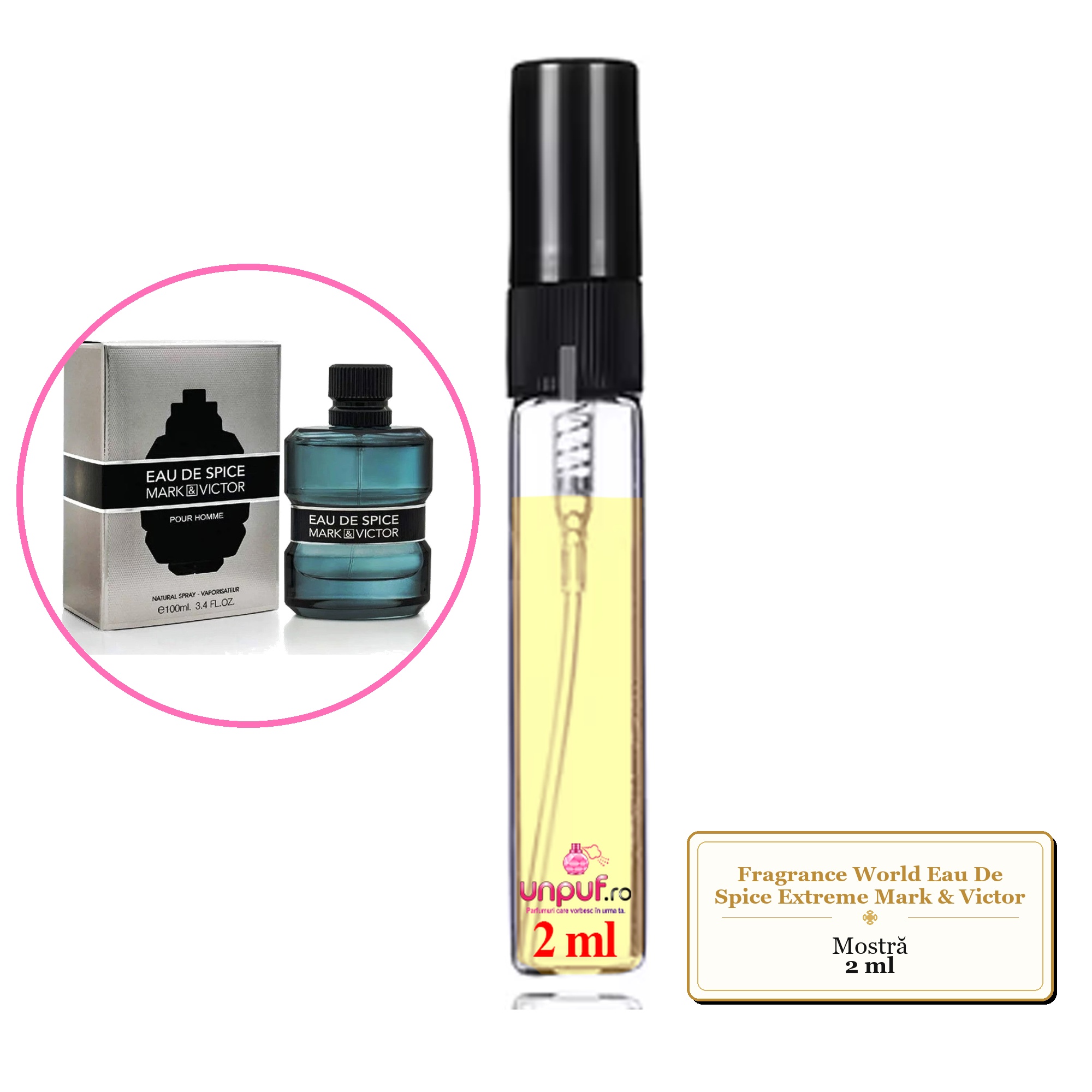 Mostra fiola din Parfumul Fragrance World Eau De Spice Extreme Mark & Victor, decant sticla cu pulverizator