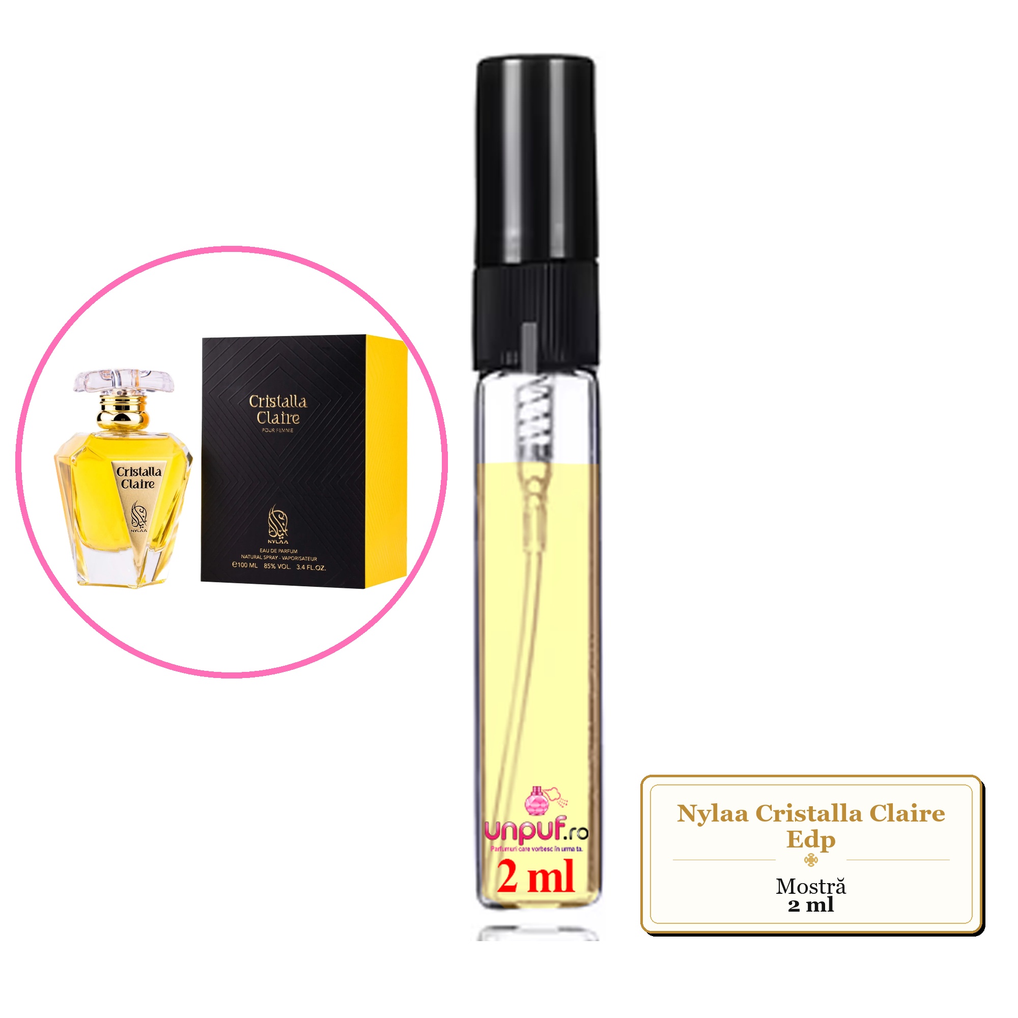 Mostra fiola din Parfumul Nylaa Cristalla Claire Edp, decant sticla cu pulverizator 