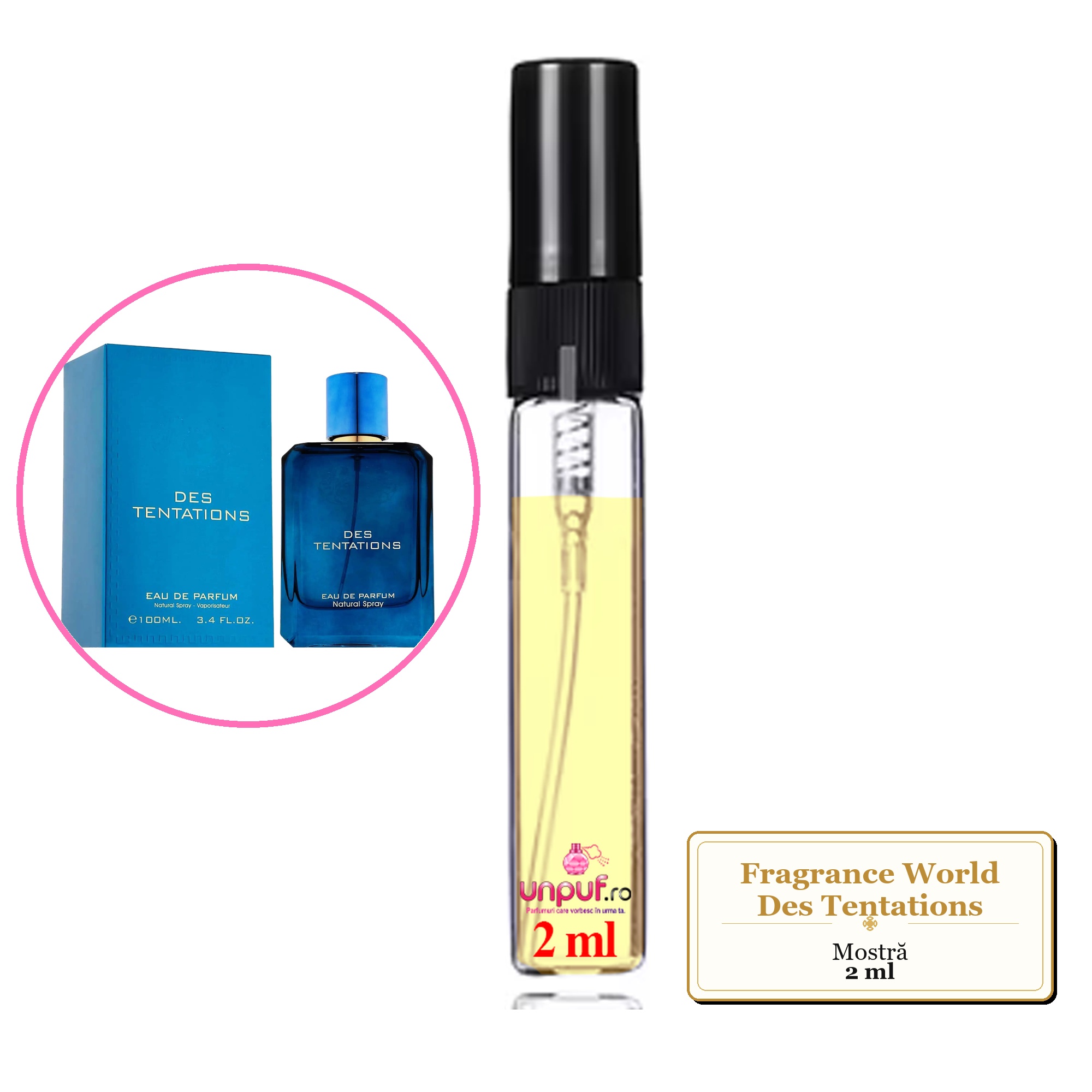 Mostra fiola din Parfumul Fragrance World Des Tentations, decant sticla cu pulverizator