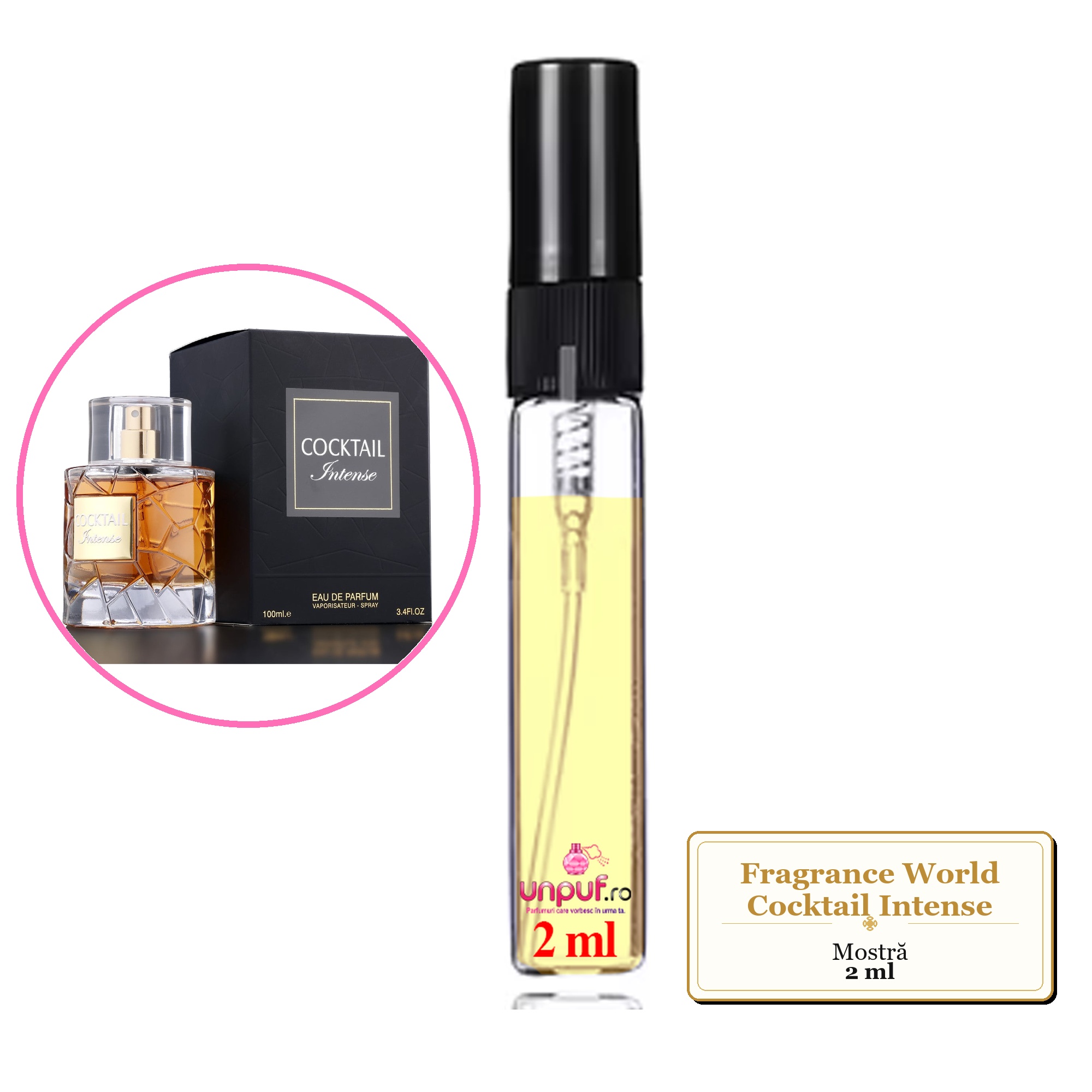 Mostra fiola din Parfumul Fragrance World Cocktail Intense, decant sticla cu pulverizator 