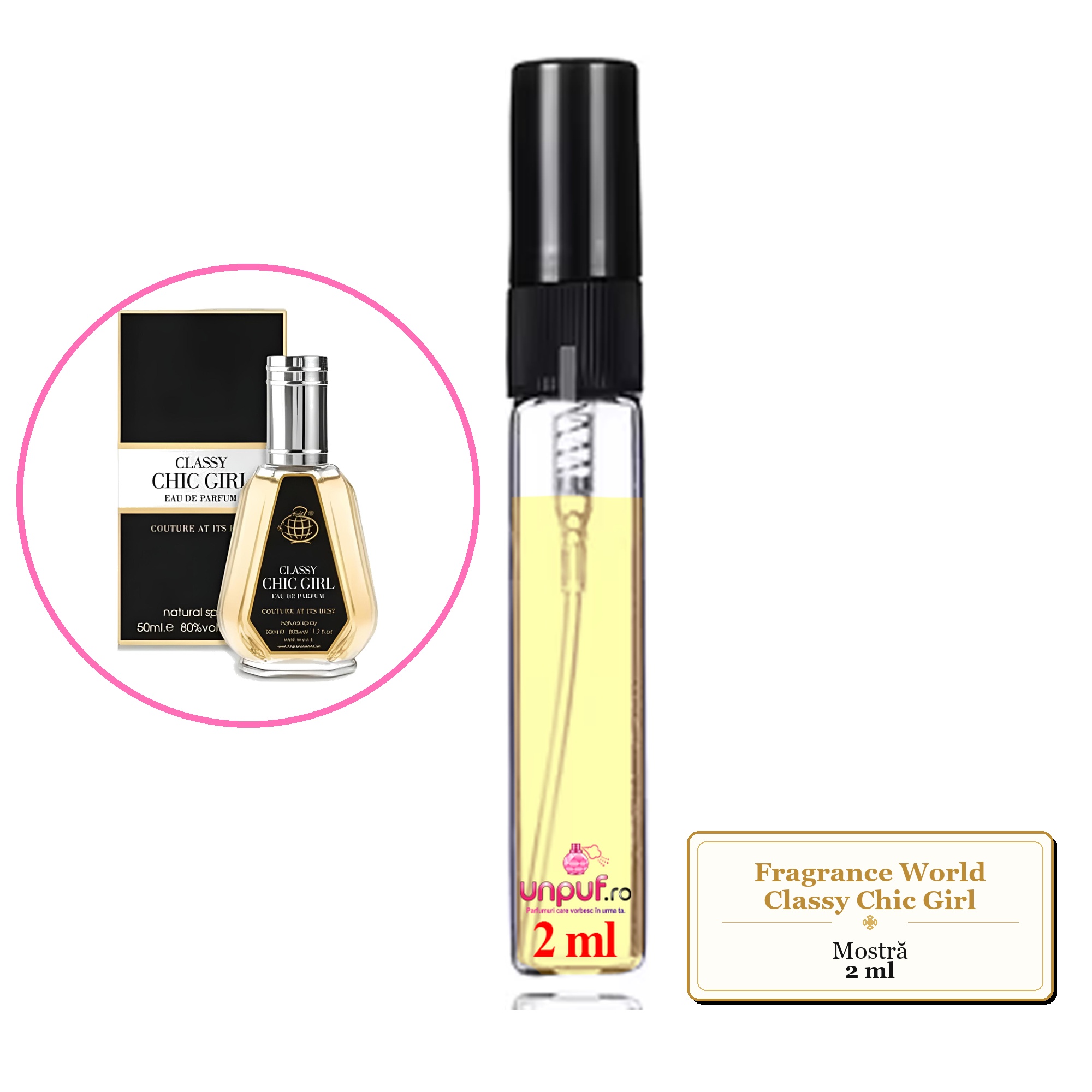 Mostra fiola din Parfumul Fragrance World Classy Chic Girl, decant sticla cu pulverizator