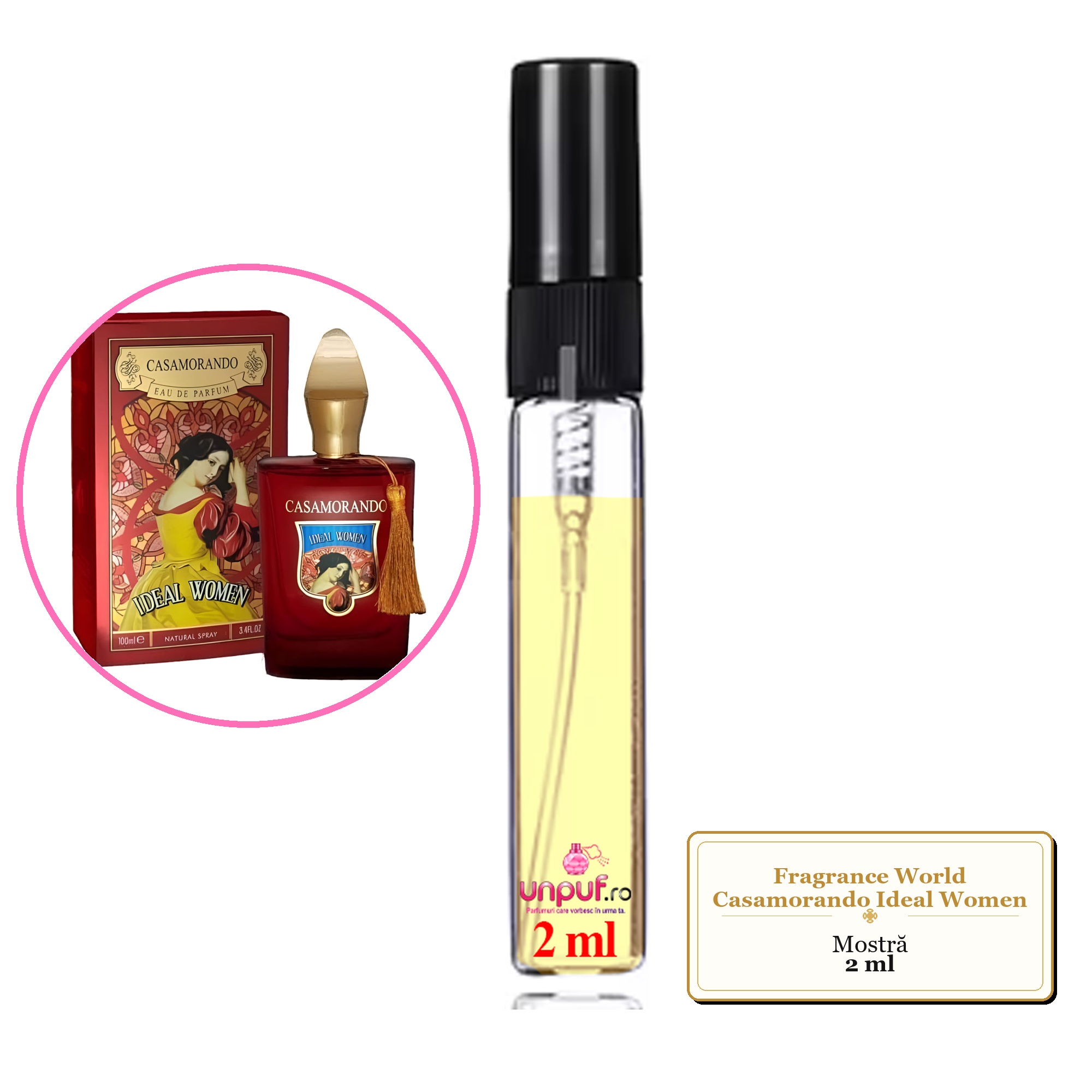 Mostra fiola din Parfumul Fragrance World Casamorando Ideal Women, decant sticla cu pulverizator 