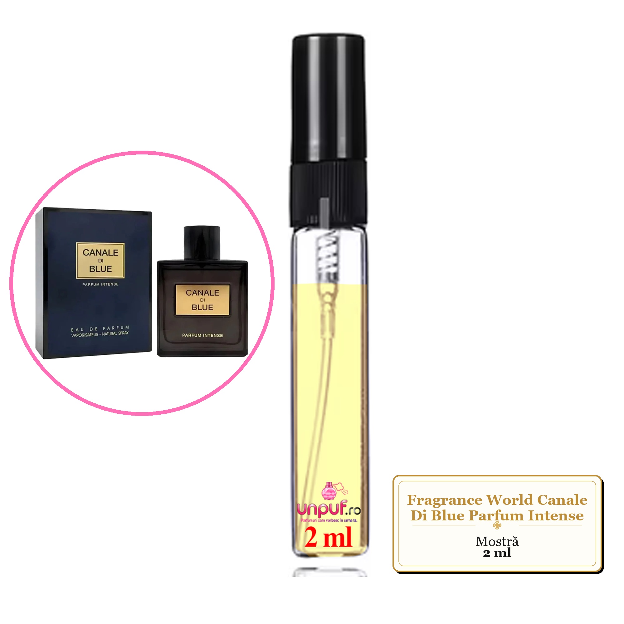 Mostra fiola din Parfumul Fragrance World Canale Di Blue Parfum Intense, decant sticla cu pulverizator 