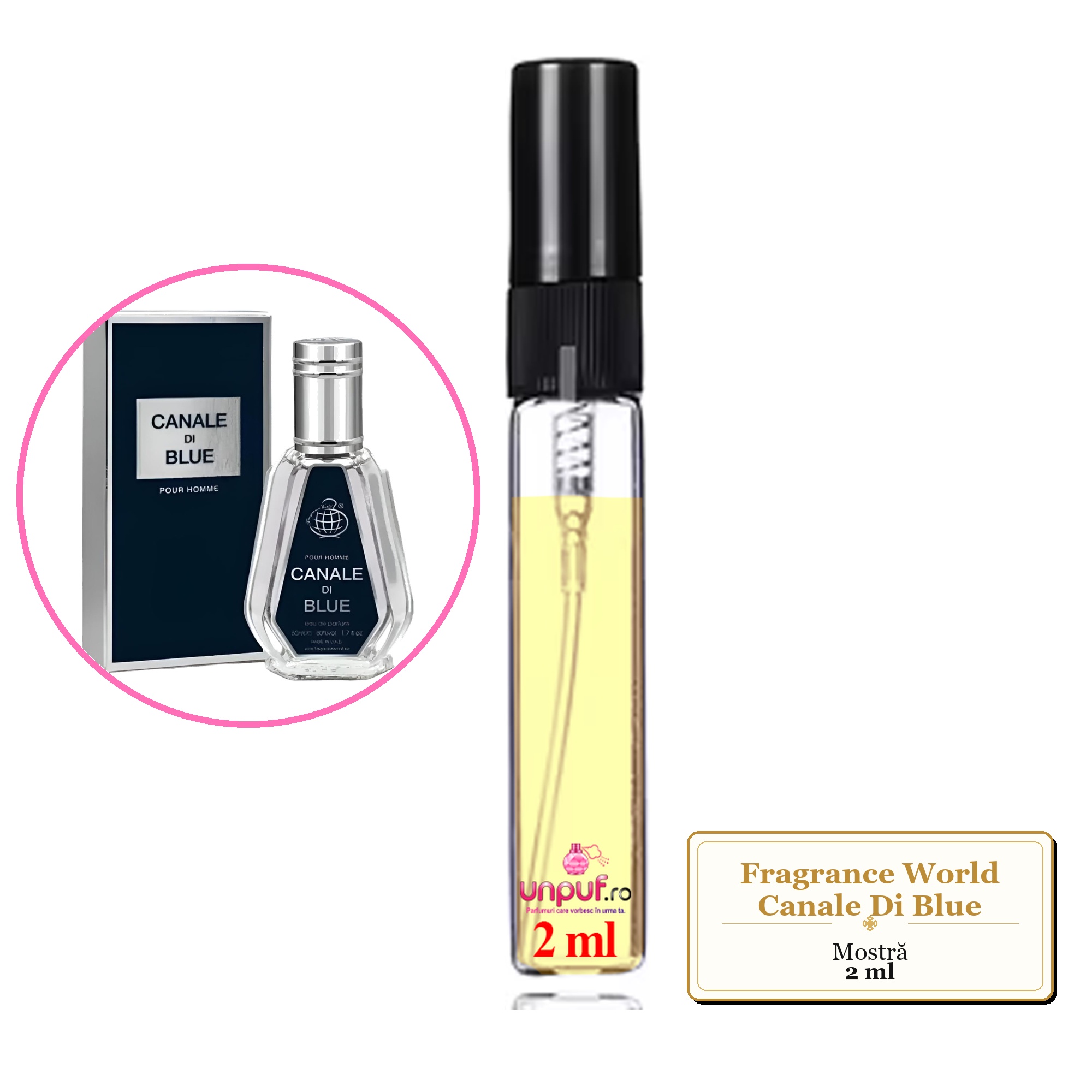Mostra fiola din Parfumul Fragrance World Canale Di Blue, decant sticla cu pulverizator 