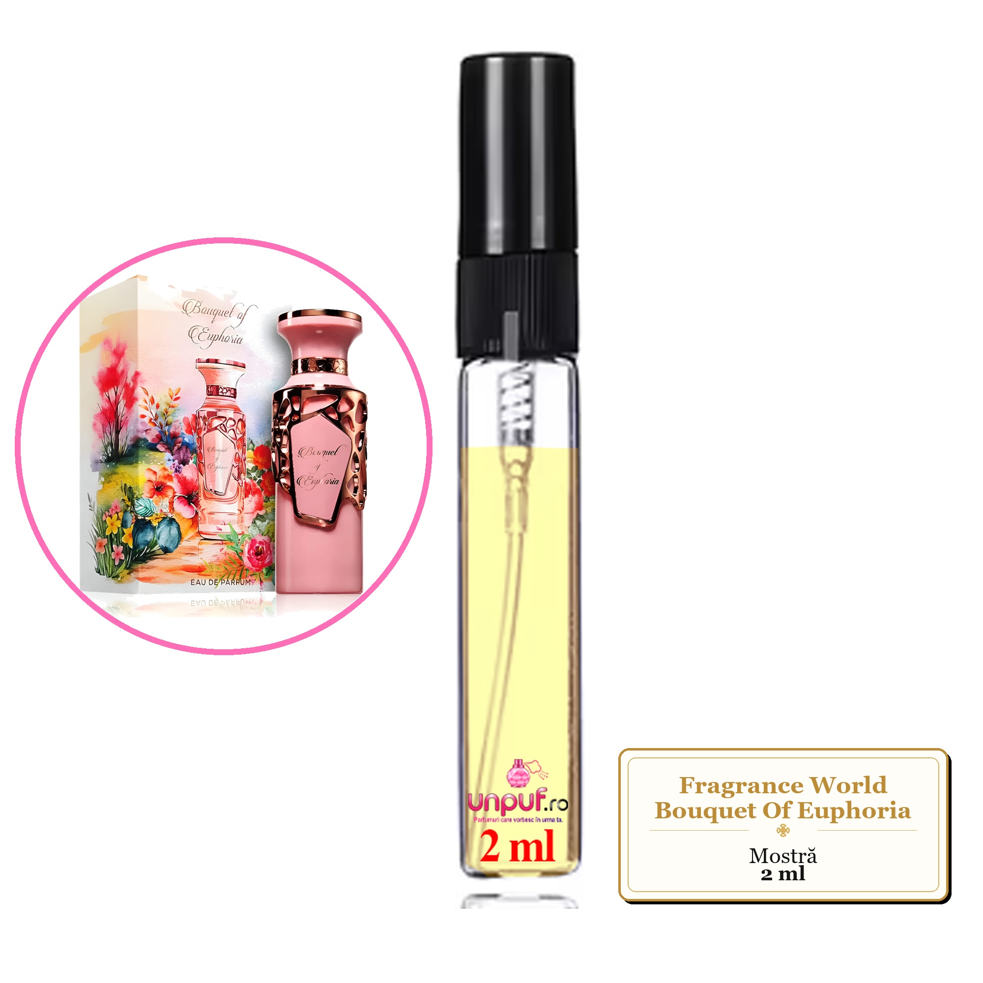 Mostra fiola din Parfumul Fragrance World Bouquet Of Euphoria, decant sticla cu pulverizator 
