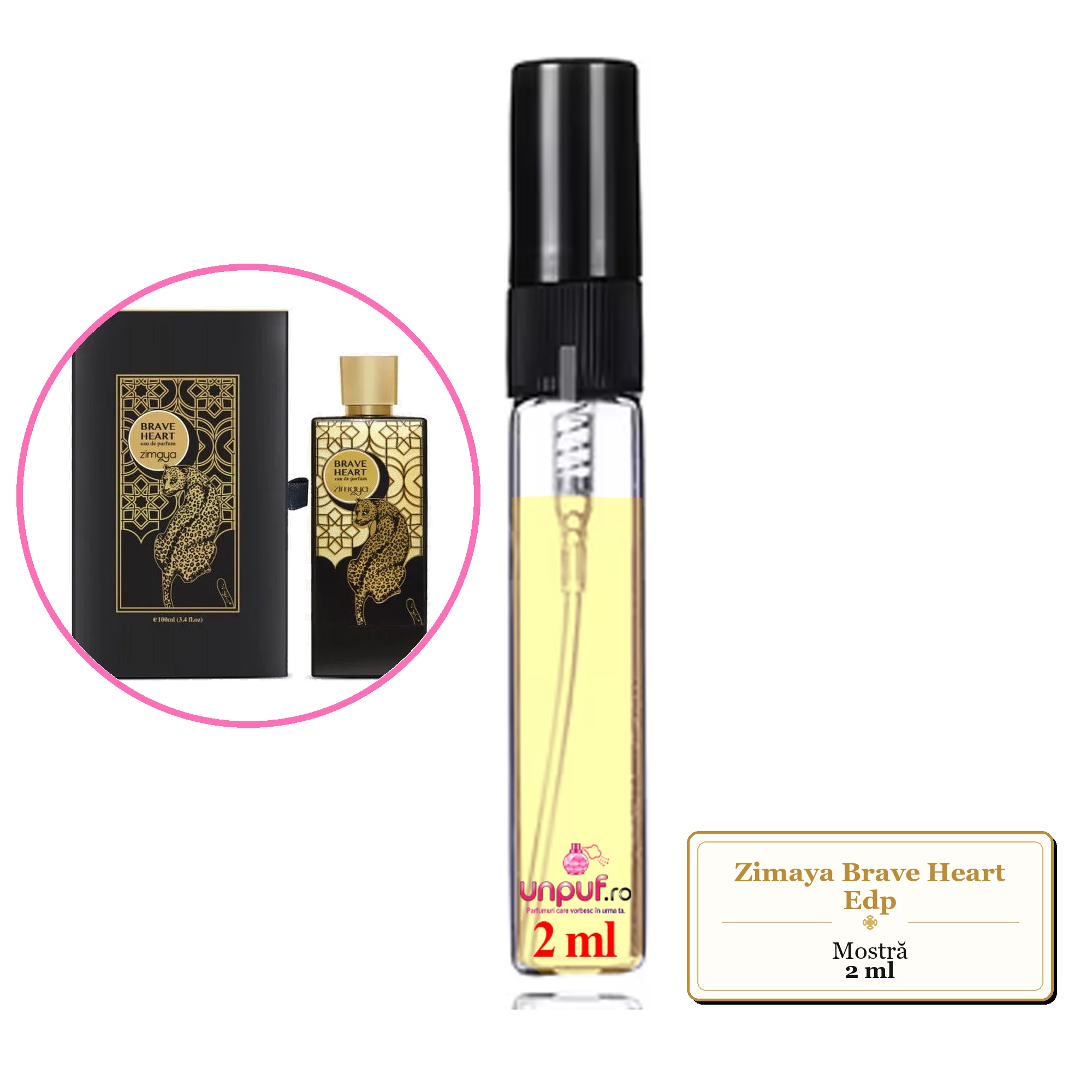 Mostra fiola din Parfumul Zimaya Brave Heart Edp, decant sticla cu pulverizator