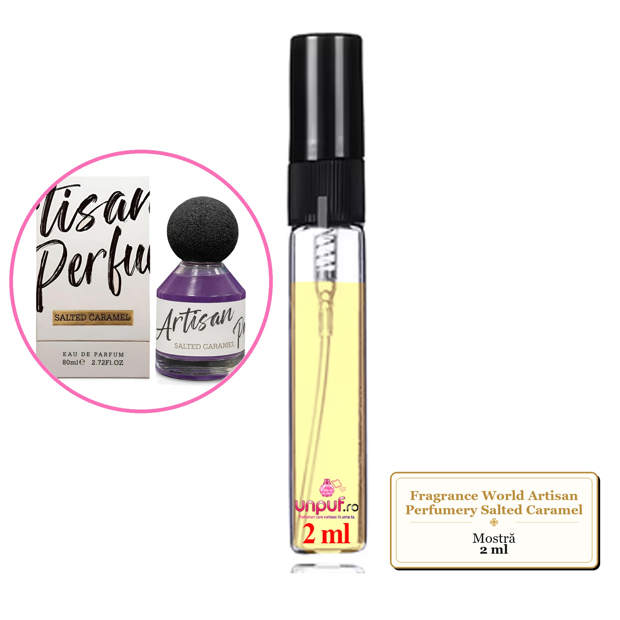 Mostra fiola din Parfumul Fragrance World Artisan Perfumery Salted Caramel, decant sticla cu pulverizator