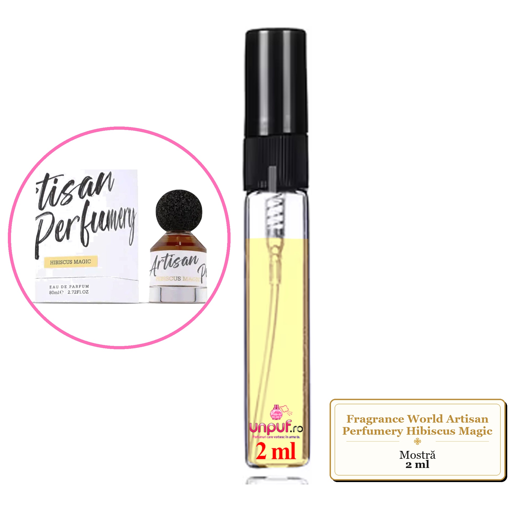Mostra fiola din Parfumul Fragrance World Artisan Perfumery Hibiscus Magic, decant sticla cu pulverizator 