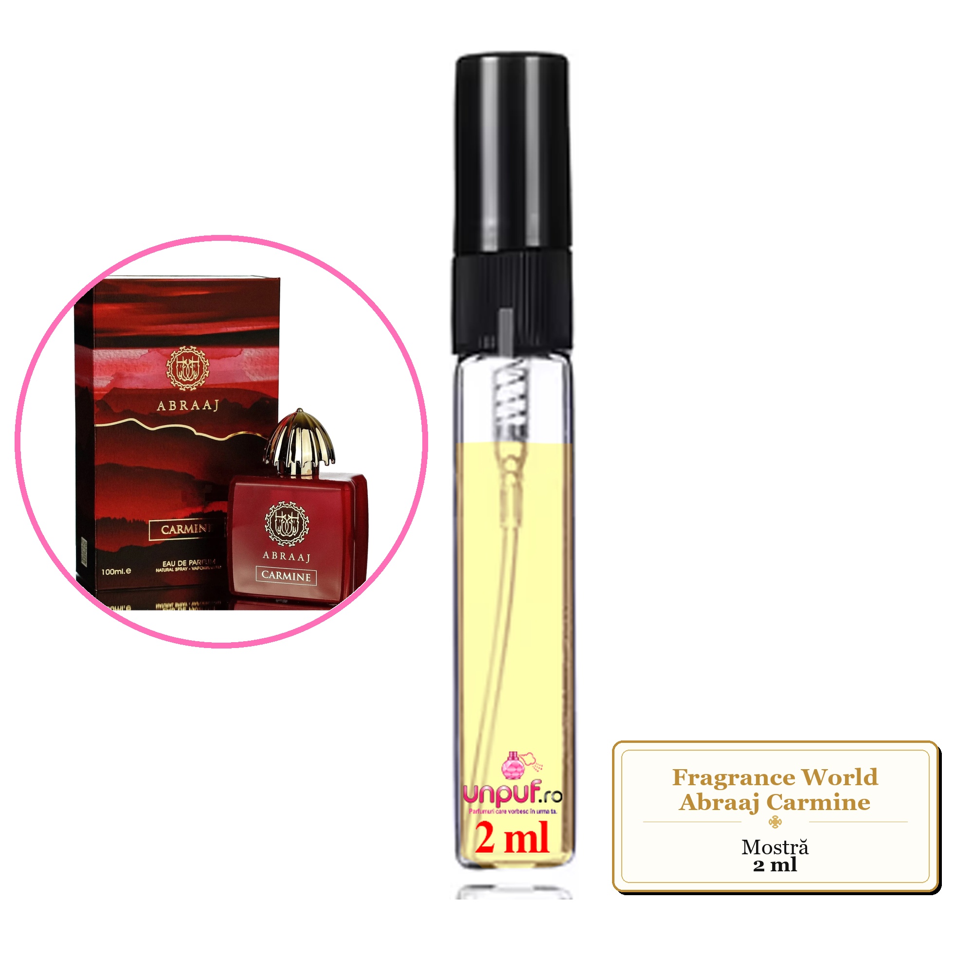 Mostra fiola din Parfumul Fragrance World Abraaj Carmine, decant sticla cu pulverizator