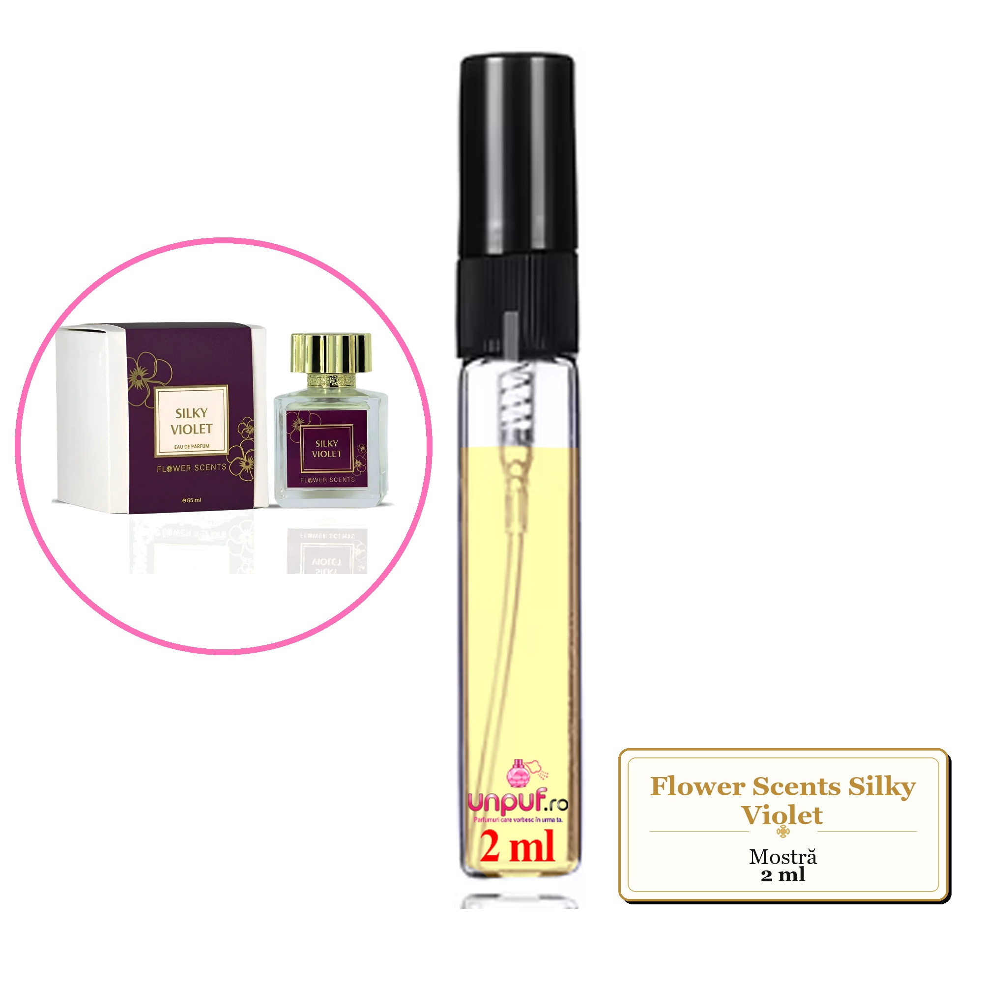 Mostra fiola din Parfumul Flower Scents Silky Violet, decant sticla cu pulverizator 
