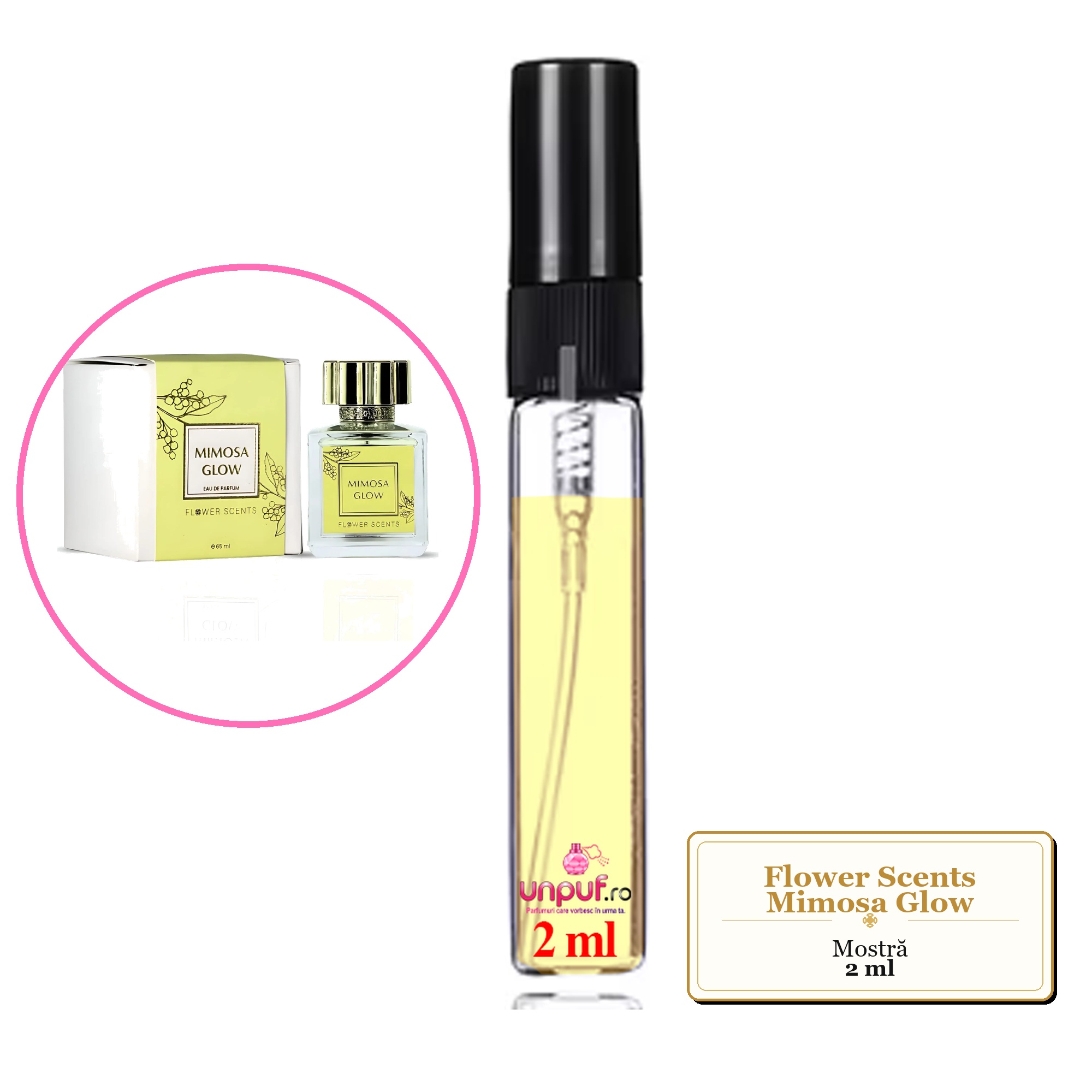 Mostra fiola din Parfumul Flower Scents Mimosa Glow, decant sticla cu pulverizator 