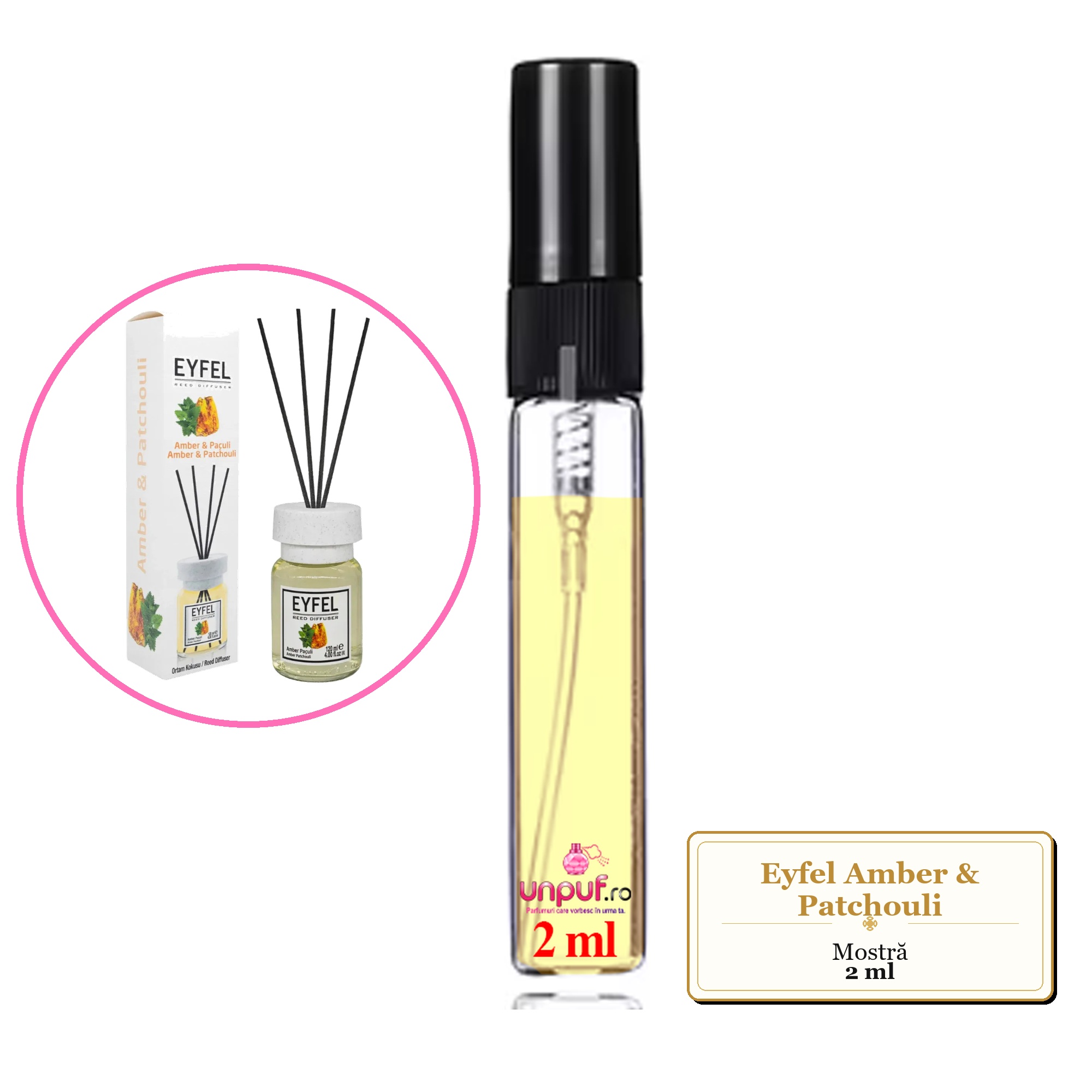 Mostra fiola din Parfumul Eyfel Amber & Patchouli, decant sticla cu pulverizator 