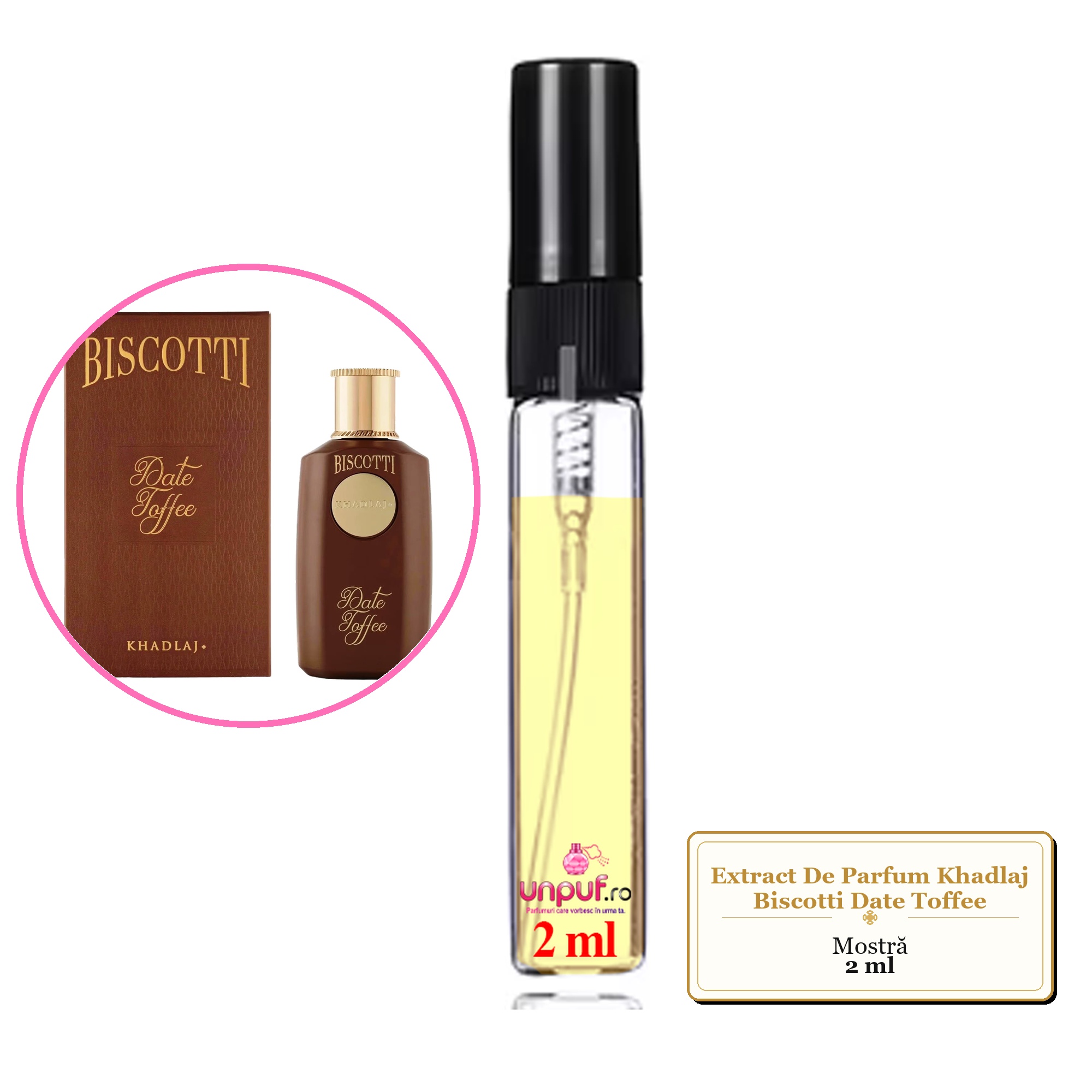 Mostra fiola din Parfumul Extract De Parfum Khadlaj Biscotti Date Toffee, decant sticla cu pulverizator 